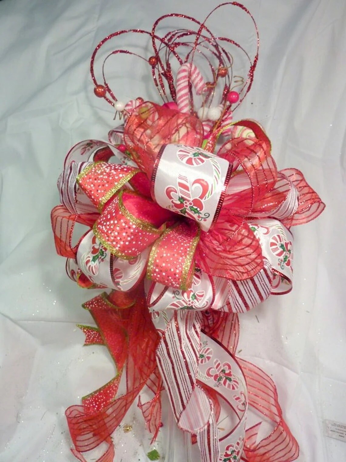 Christmas Tree Topper. Christmas Bows Candy Cane Tree Topper Red