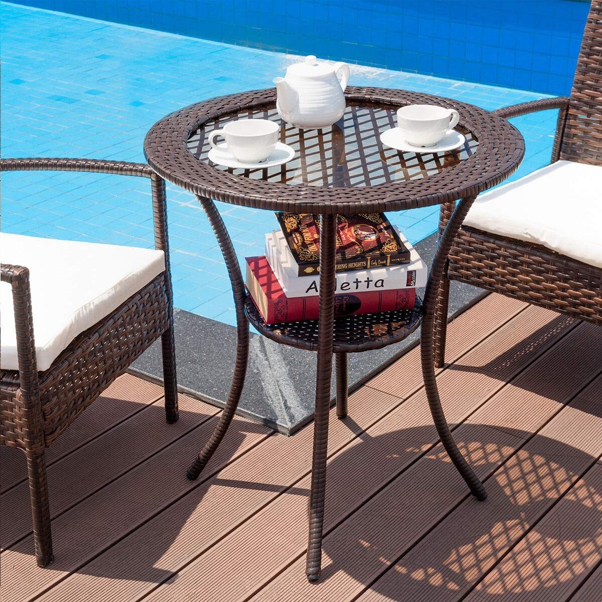 Brown Round Wicker Patio Table Tempered Glass Outdoor Indoor 26 Inch