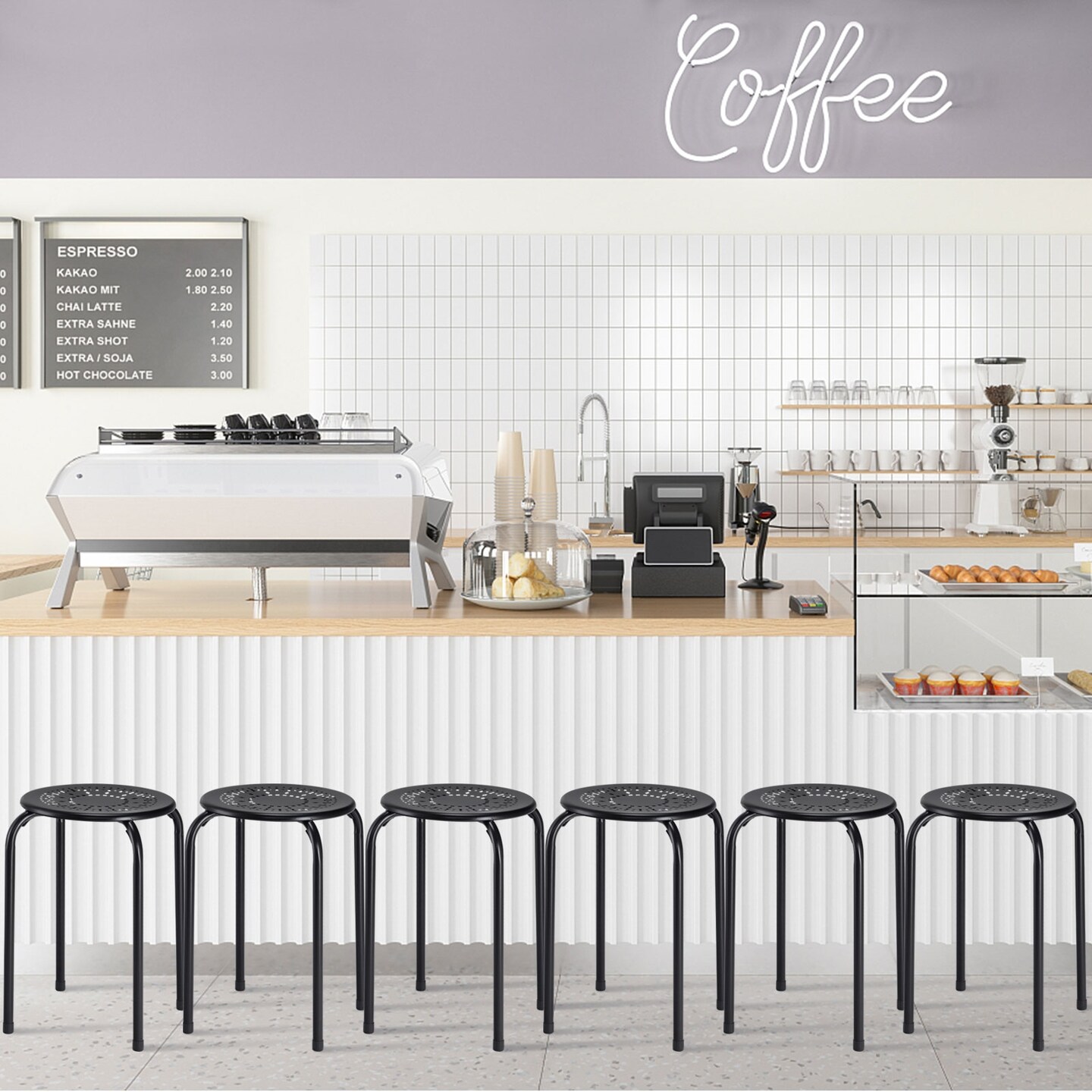 Set of 6 Stackable Multifunctional Daisy Design Backless Round Metal Stool Set