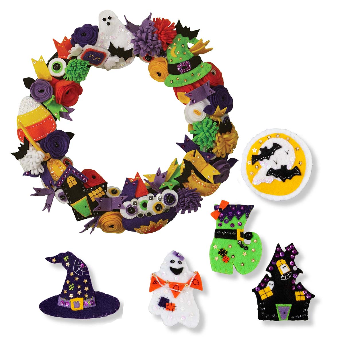 Felt Street Spooky Halloween Wreath & Ornaments, Set of 2 Felt & Sequin Kit