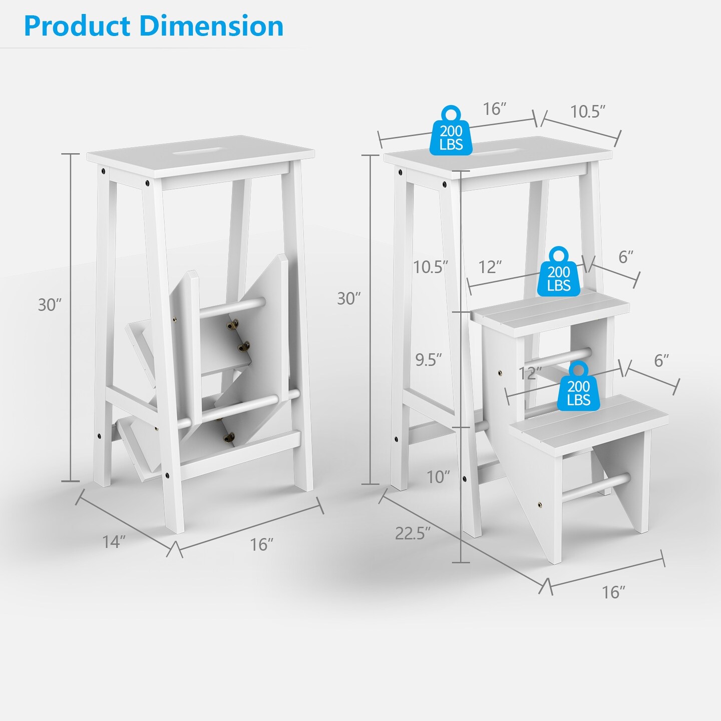 3-in-1 Rubber Wood 3 Tier Folding Step Stool Ladder Storage Shelf