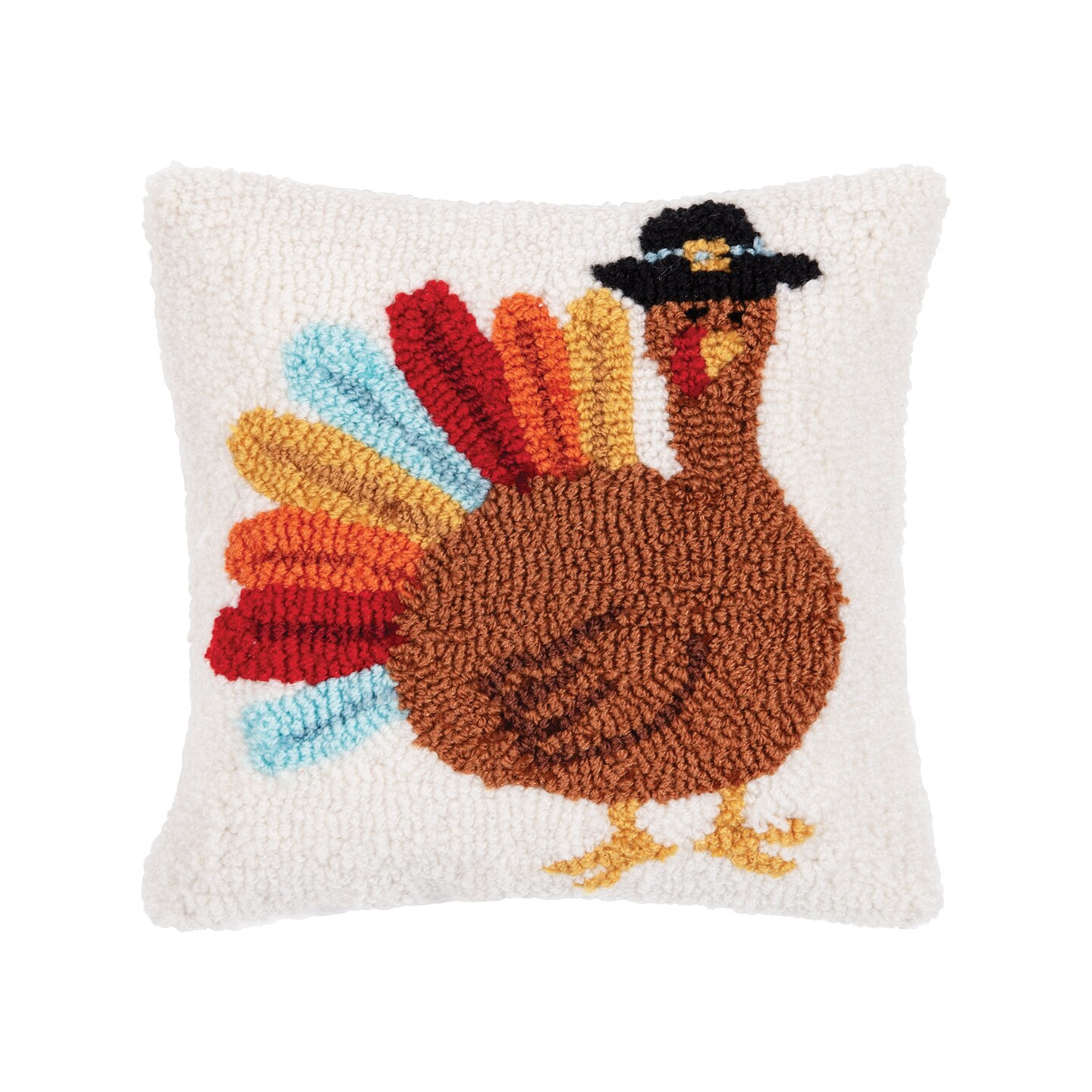 10&#x22; x 10&#x22; Colorful Turkey Tail in Pilgrim Hat Thanksgiving Hooked Small Petite Accent Throw Pillow