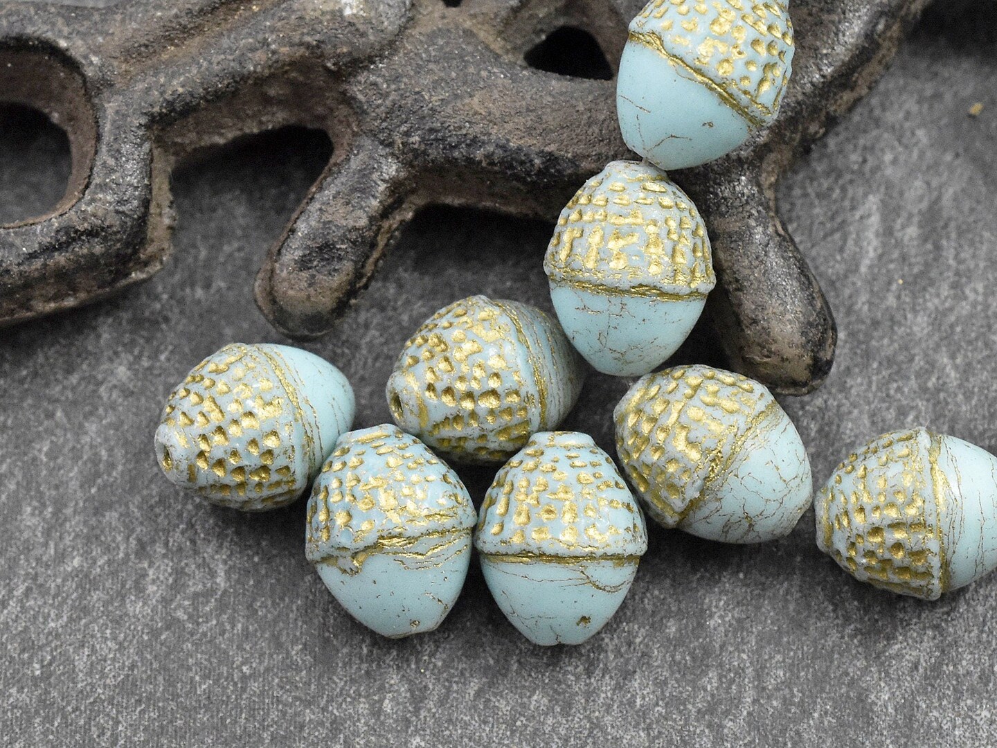 *8* 10x12mm Gold Washed Robins Egg Acorn Oval Beads