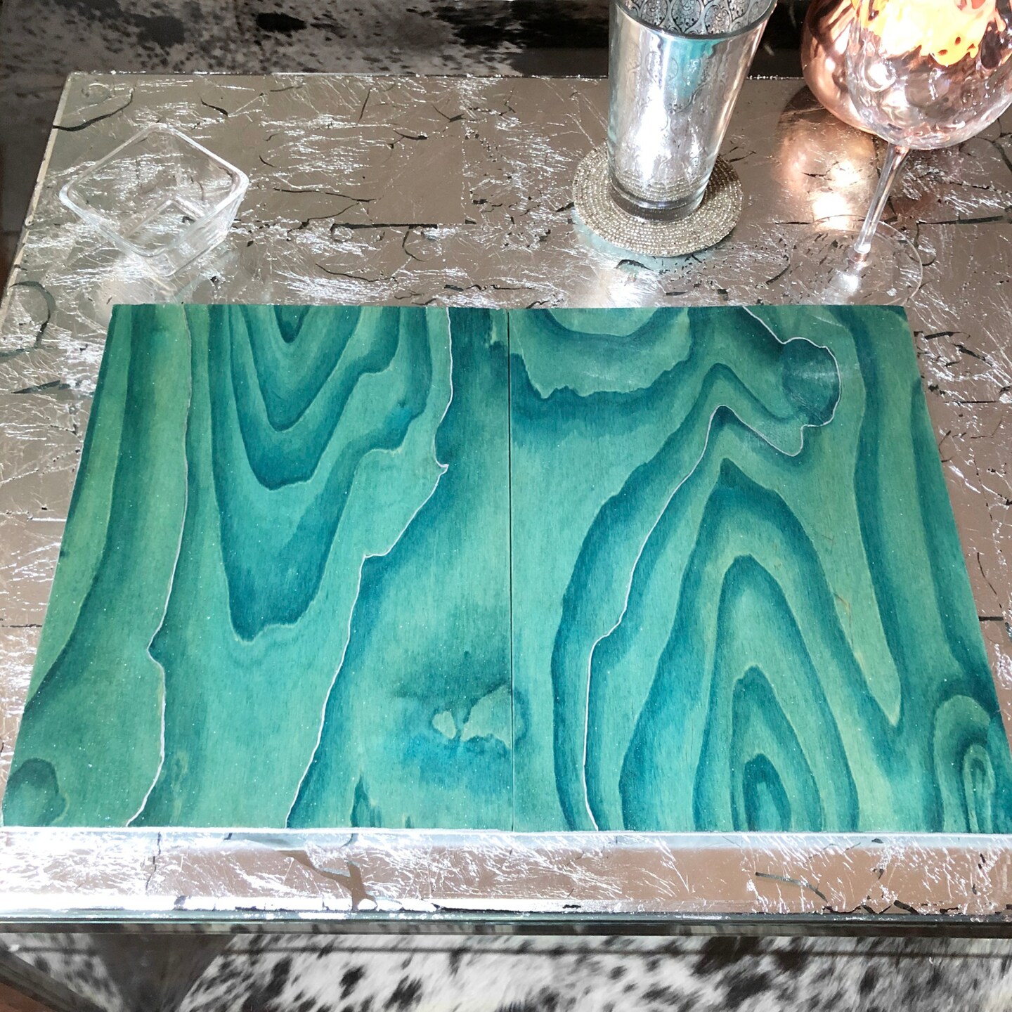Turquoise folding wood placemats : 12 x 18 - hand stained, shimmering gloss  finish, silver metallic accents, felt backing