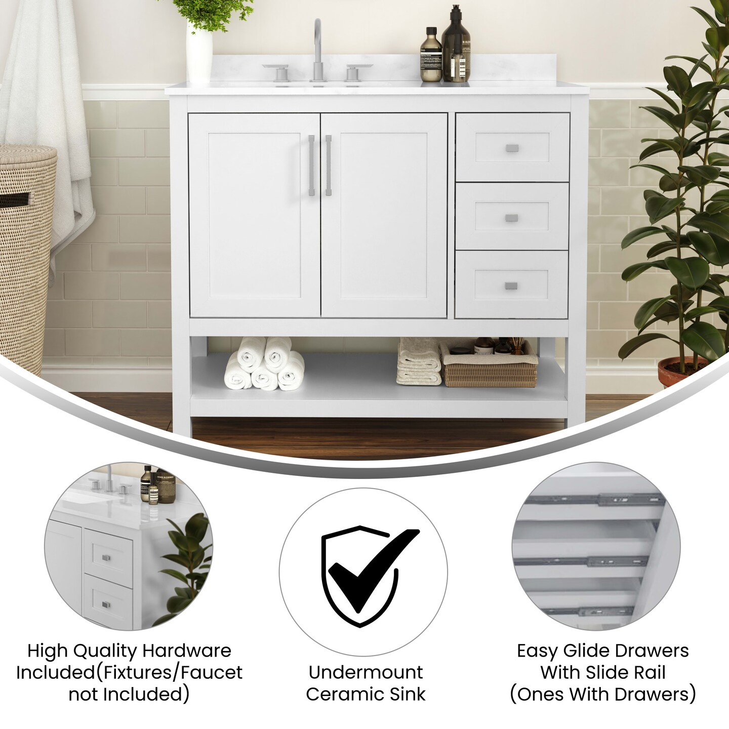 Merrick Lane Vigo Bathroom Vanity with Ceramic Sink, Carrara Marble Finish Countertop, Storage Cabinet with Soft Close Doors, Open Shelf and 3 Drawers