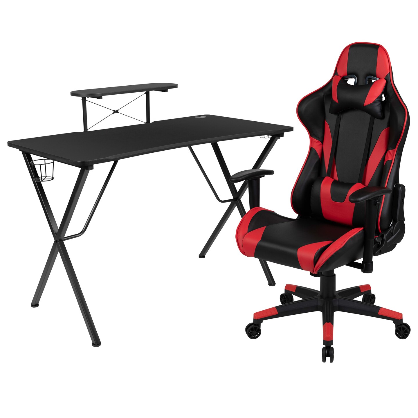 Emma and Oliver Gaming Desk & Chair Set - Cup Holder, Headphone Hook, and Monitor Stand
