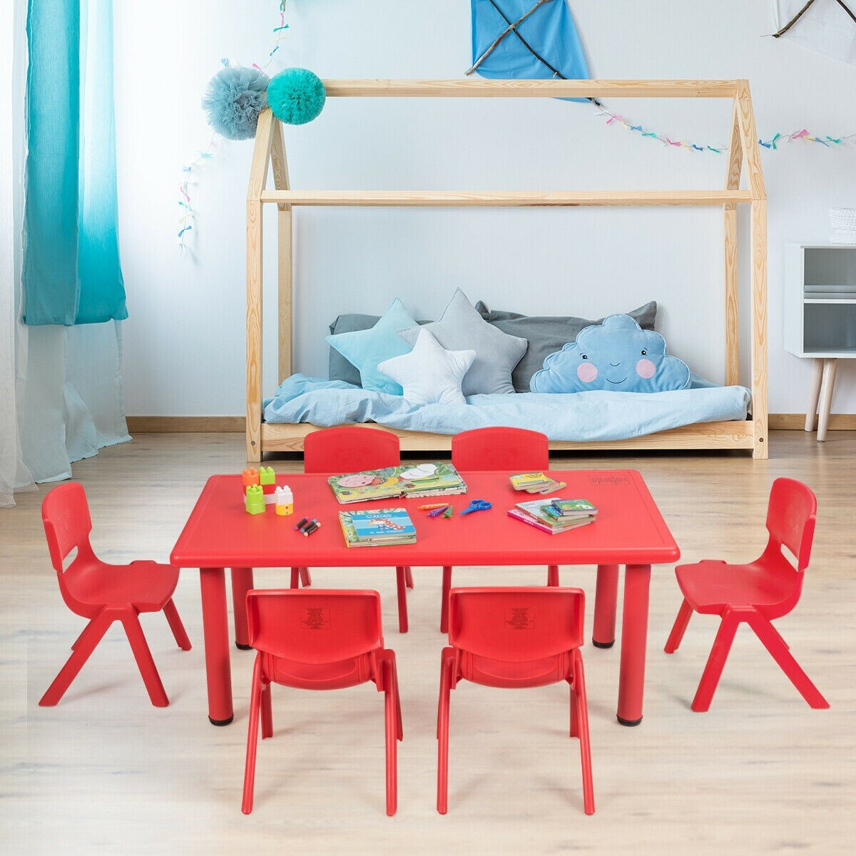 Kids Plastic Rectangular Play Table with Steel Pipe Suitable for Indoor or Outdoor Use