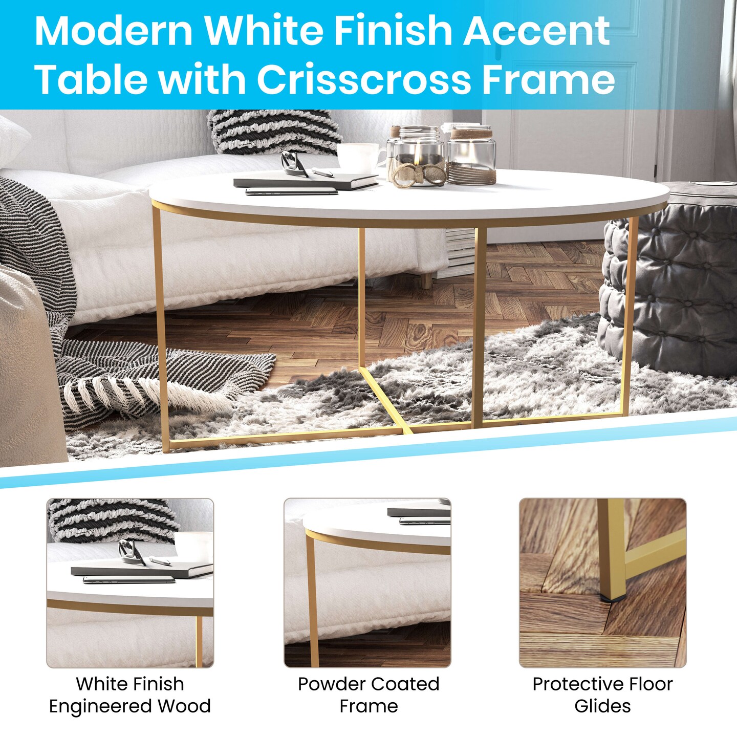 Merrick Lane Fairdale Coffee Table with Round Cross Brace Frame