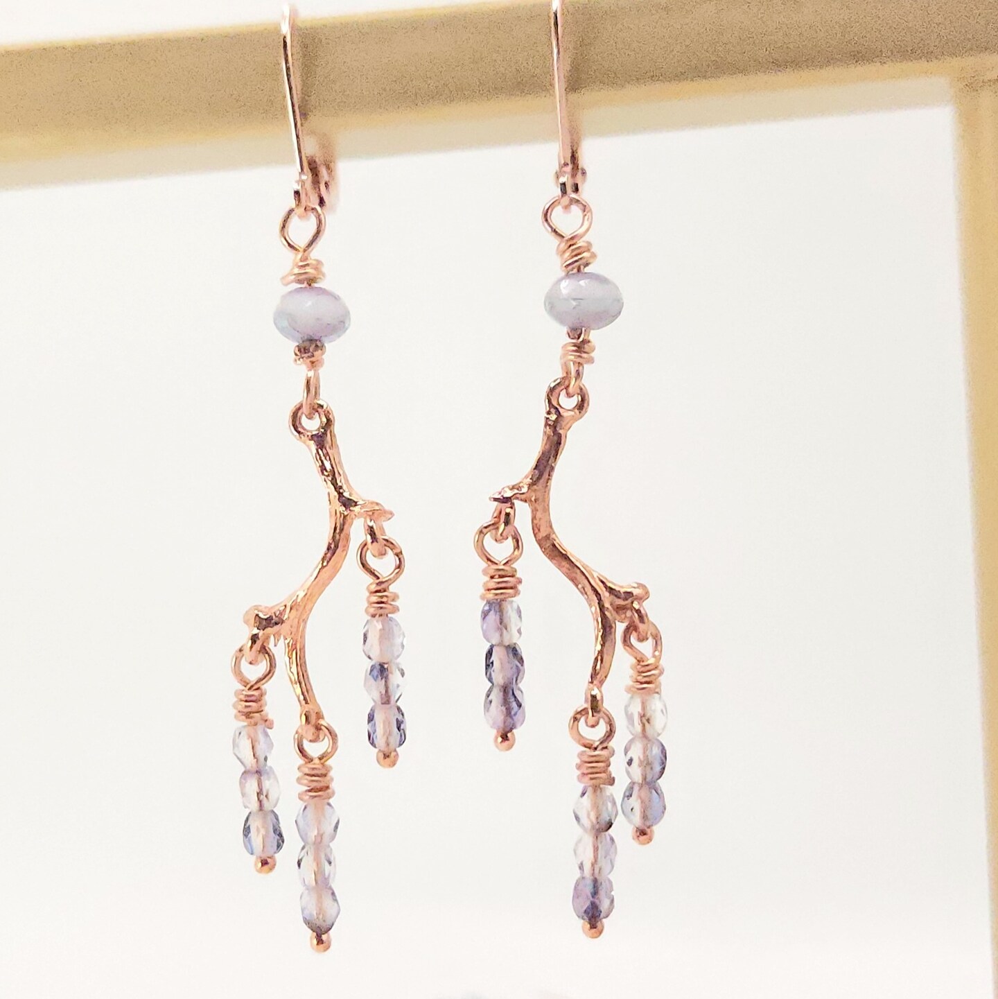 Copper Lavender Branch Dangle Chandelier Statement Earrings