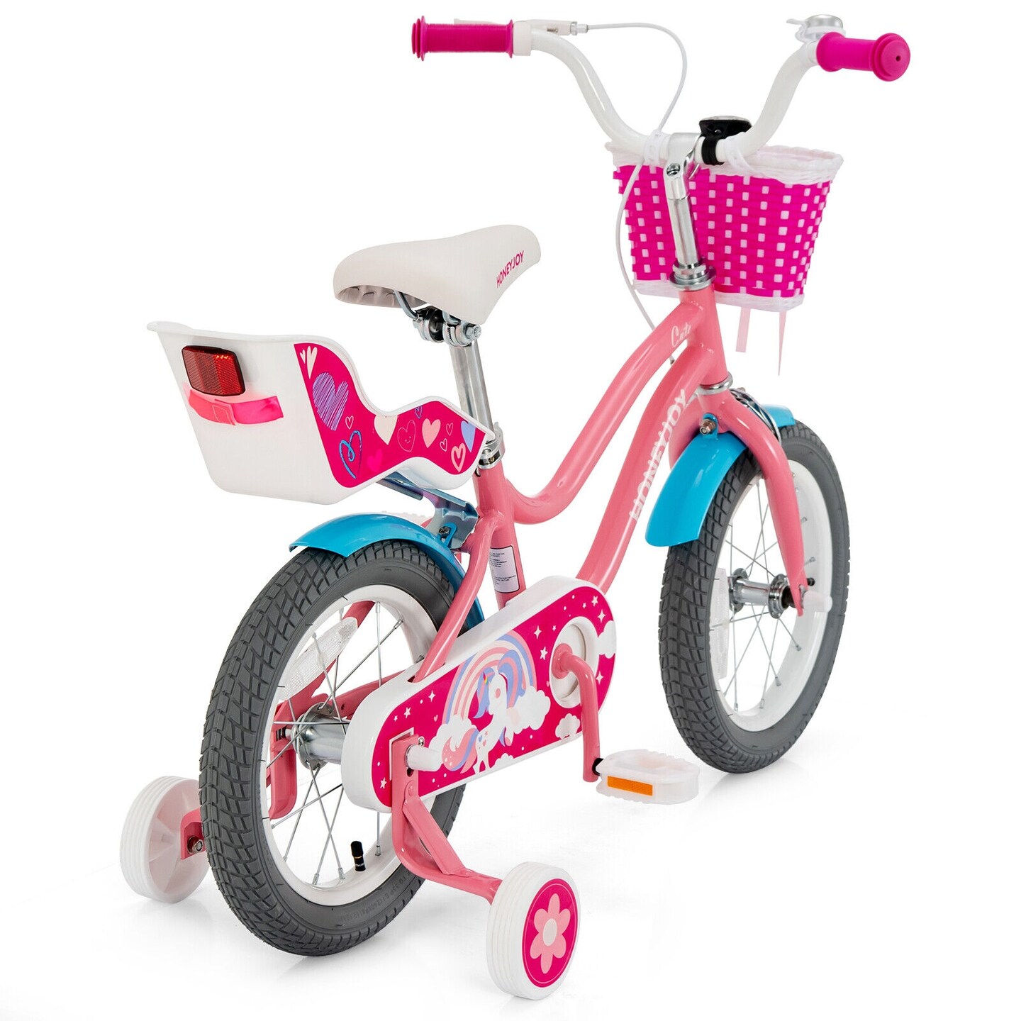 Pink Kids Bicycle with Training Wheels and Beautiful Basket for Girls
