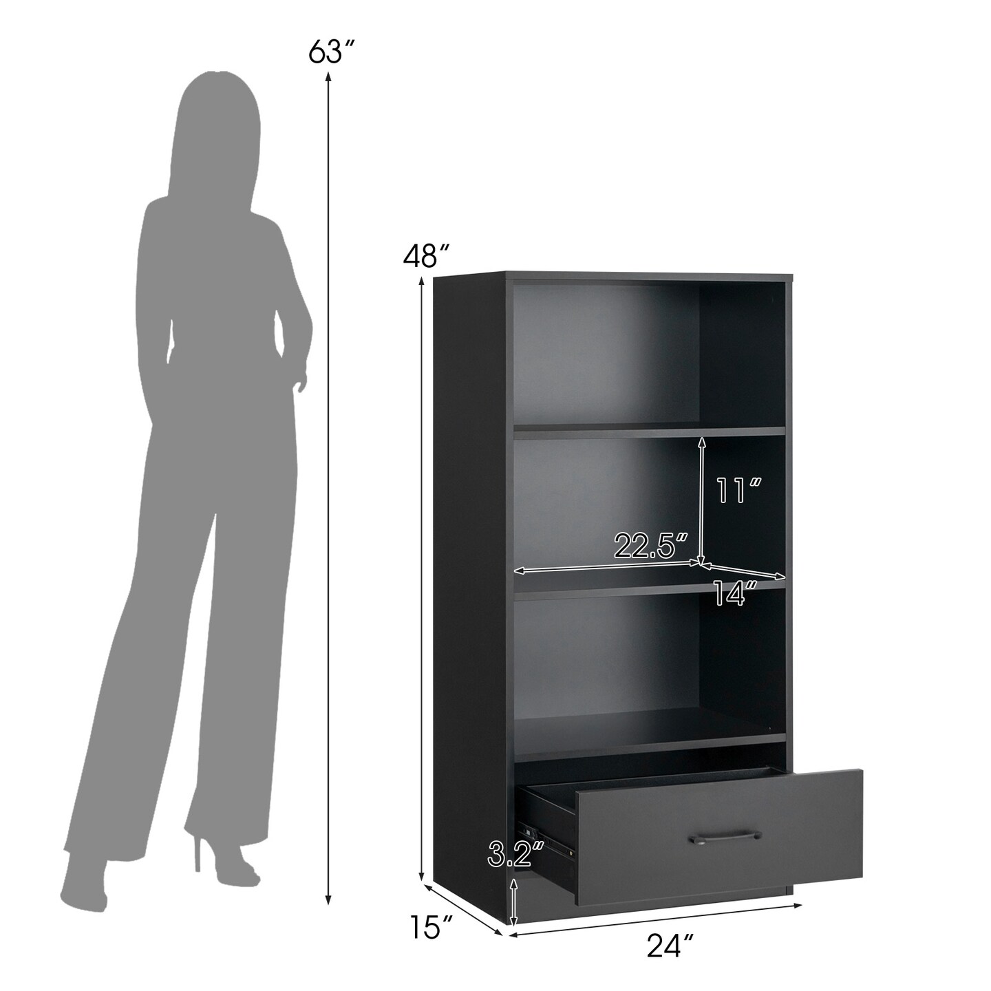 48 Inch Tall 4 Tiers Wood Bookcase with Drawer-Black