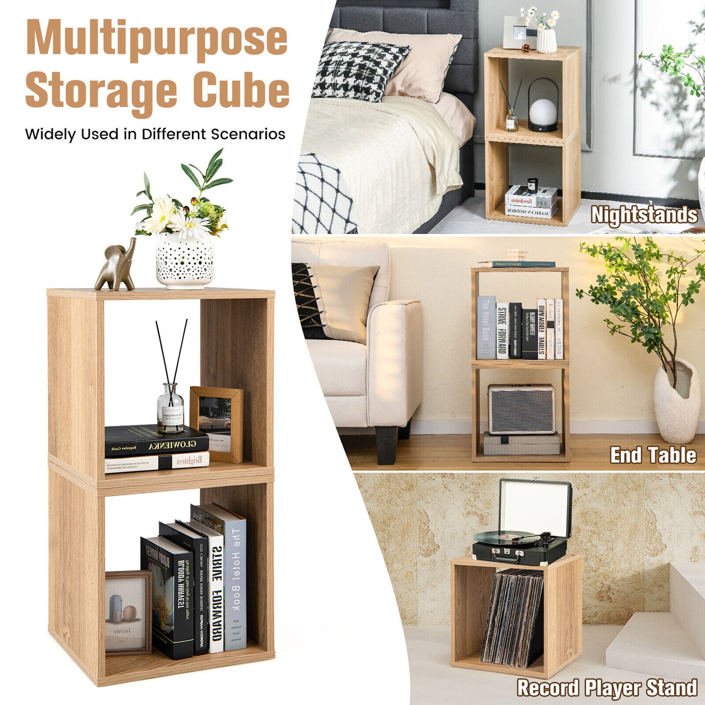 2 Cubes Stackable Bookcase for Living Room and Study-Natural