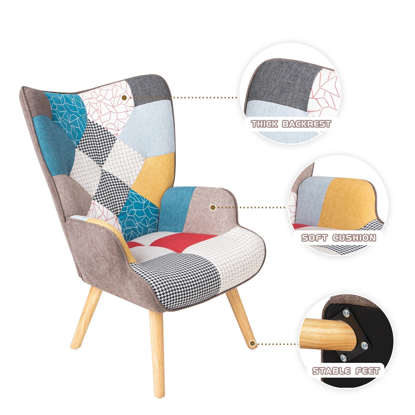 Accent Chair with Ottoman - Comfy Side Armchair for Bedroom | Creative Splicing Cloth Surface
