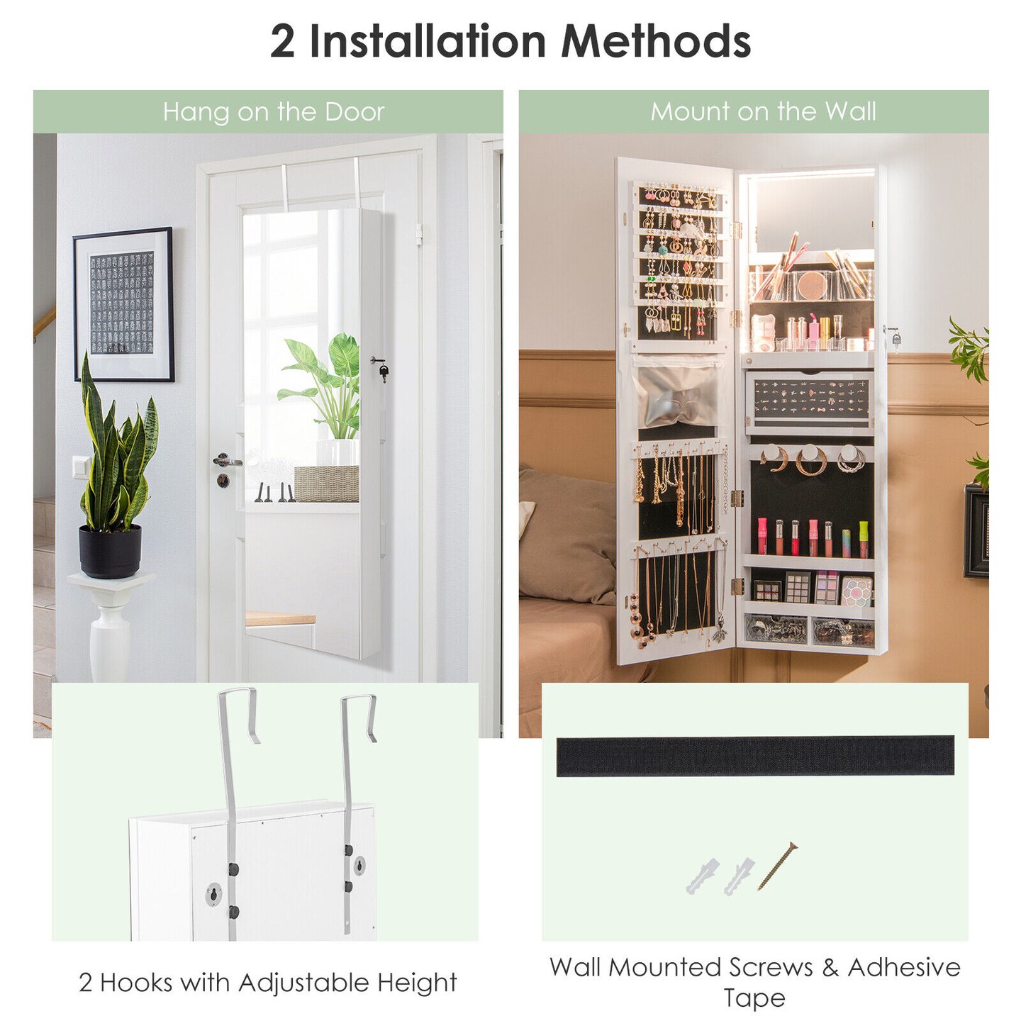 Wall Mounted Full-Length Mirror Jewelry Cabinet with LED Lights and Fold-able Shelf
