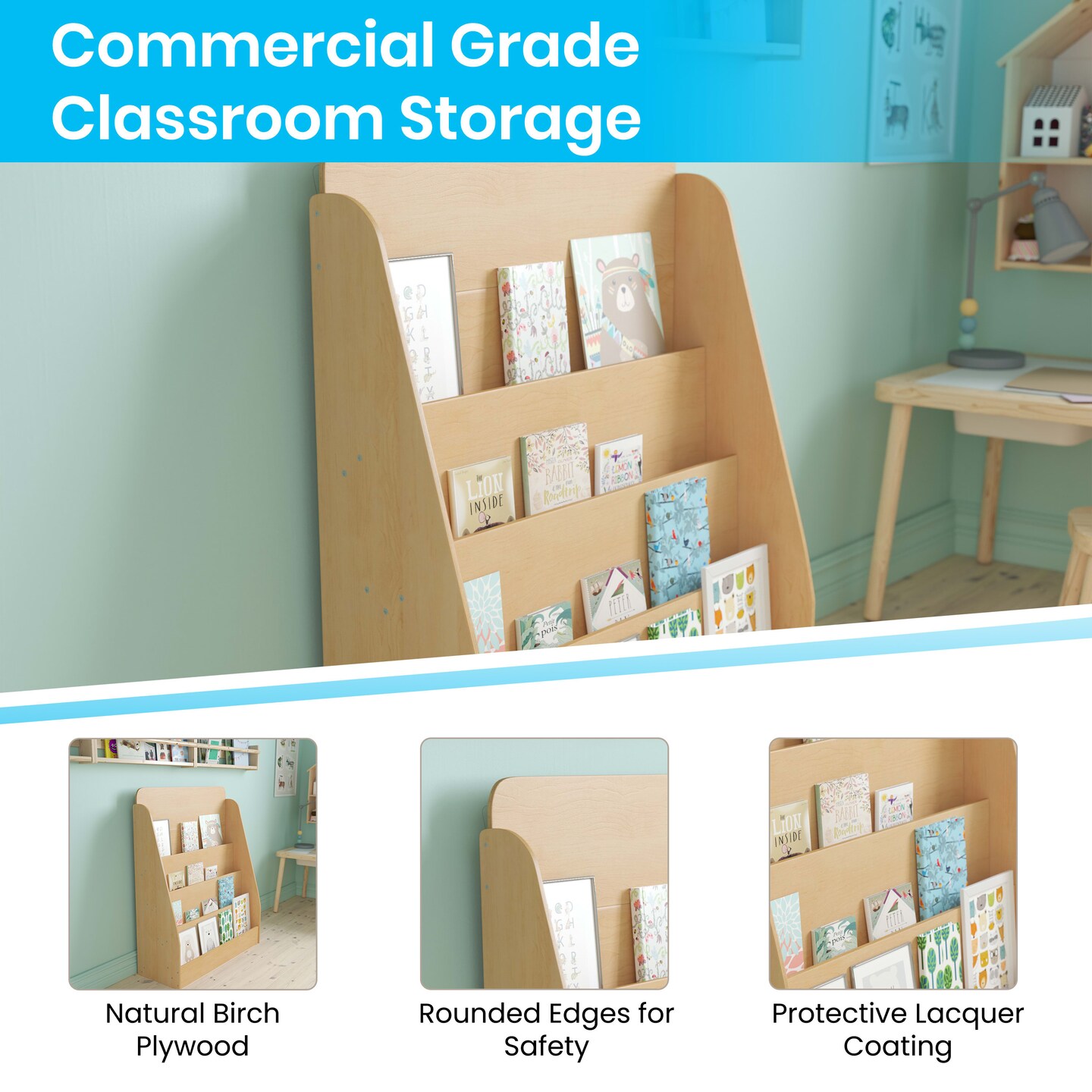 Emma and Oliver Kid&#x27;s Wood Book Storage Shelf with 4 Storage Slats and Child-Friendly Curved Edges; Recommended for Ages 5-7