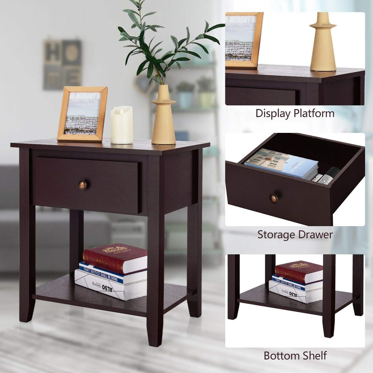 Nightstand with Drawer and Storage Shelf for Bedroom Living Room