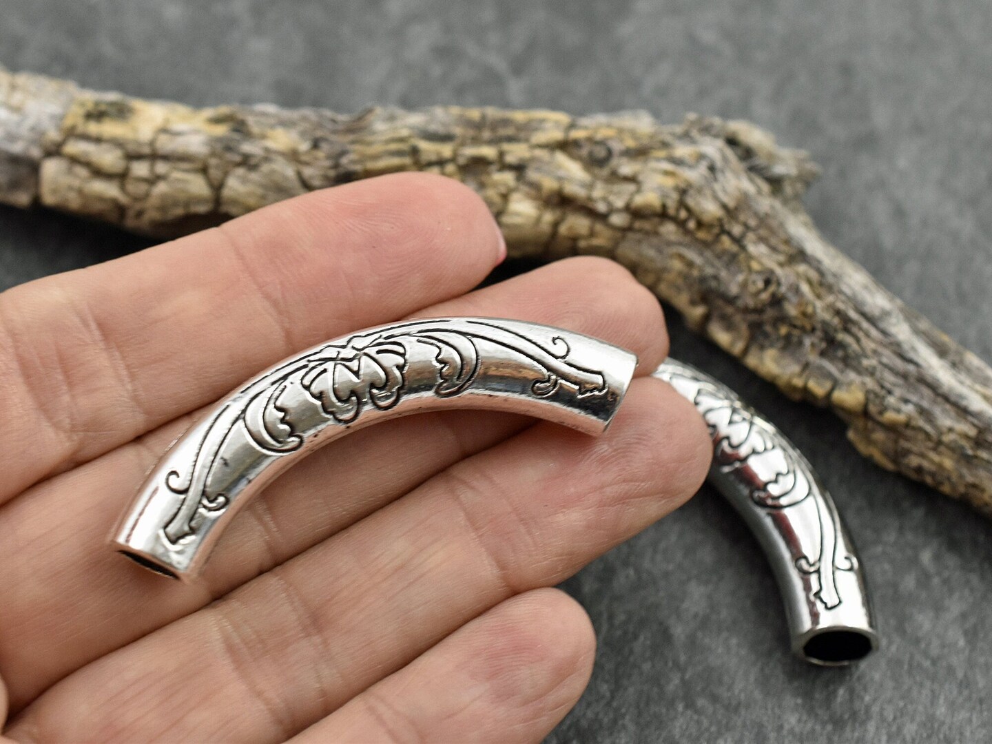 54x19mm Antique Silver Curved Tube Bead
