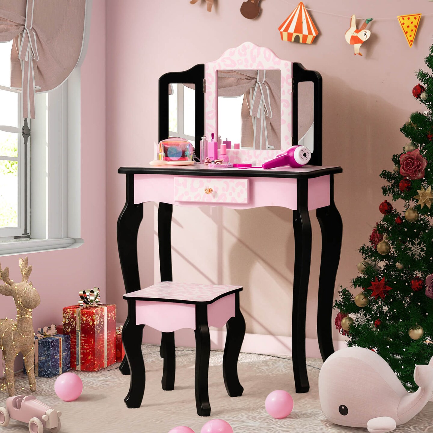 Pink Kids Vanity Table and Stool Set Tri-Folding Mirror MDF Leopard Print