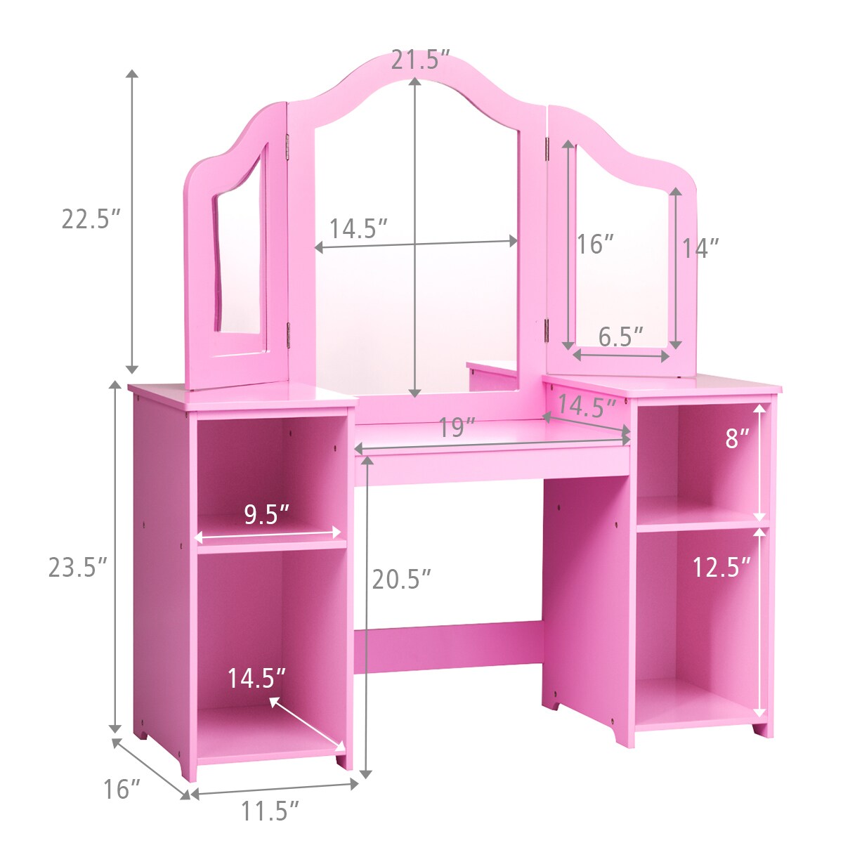 Multi-functional Kids Tri Folding Mirror Makeup Dressing Vanity Table Set with Large Storage Space