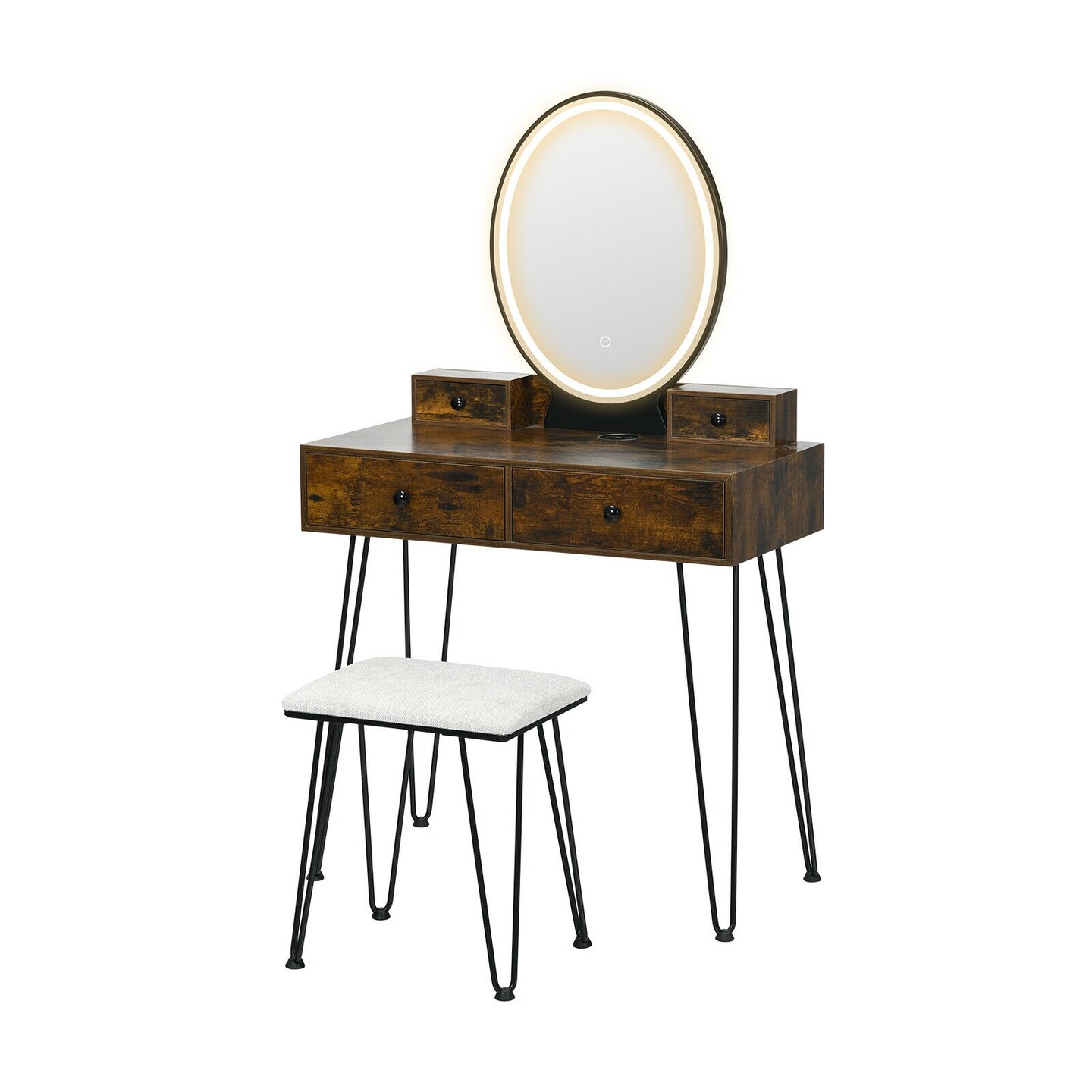 Vanity Table Set with 3-Color Lighted Dimmable Mirror-Brown