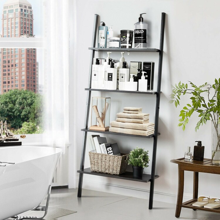 Metal Particle Board 4-Tier Ladder Shelf with Wall Mount