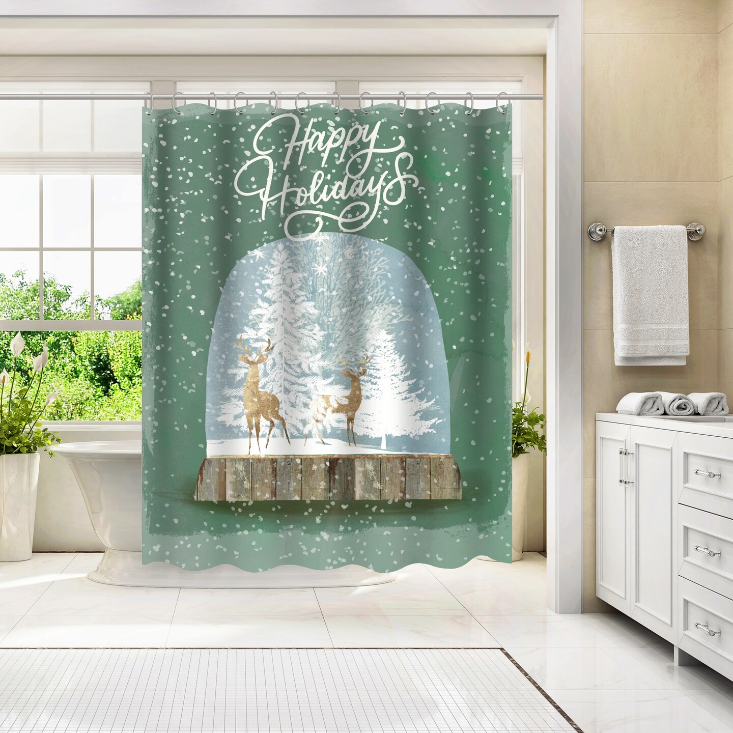 Holiday Snow Globe Ii by PI Creative Art Shower Curtain 71&#x22; x 74&#x22;