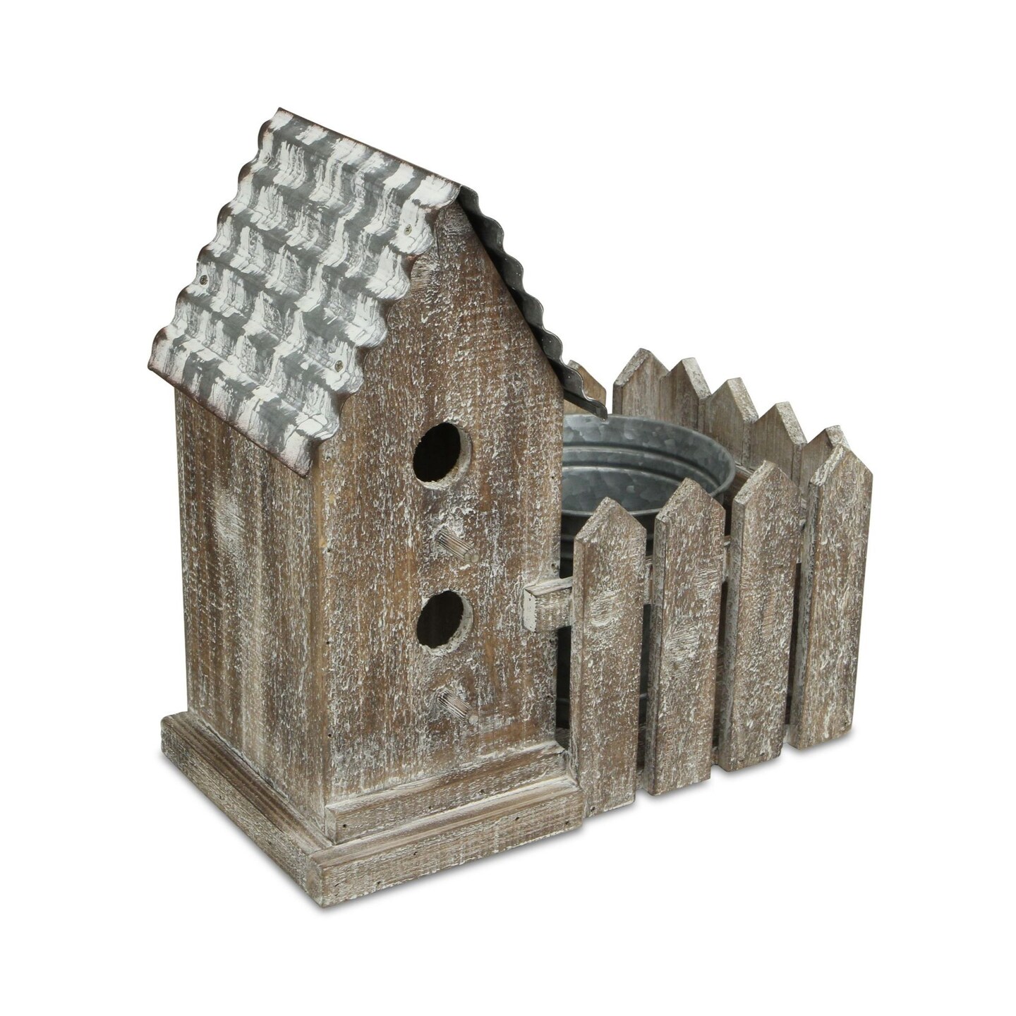 Contemporary Home Living 12.5&#x22; Brown and Gray 2 Story Bird House with Galvanized Planter Pot