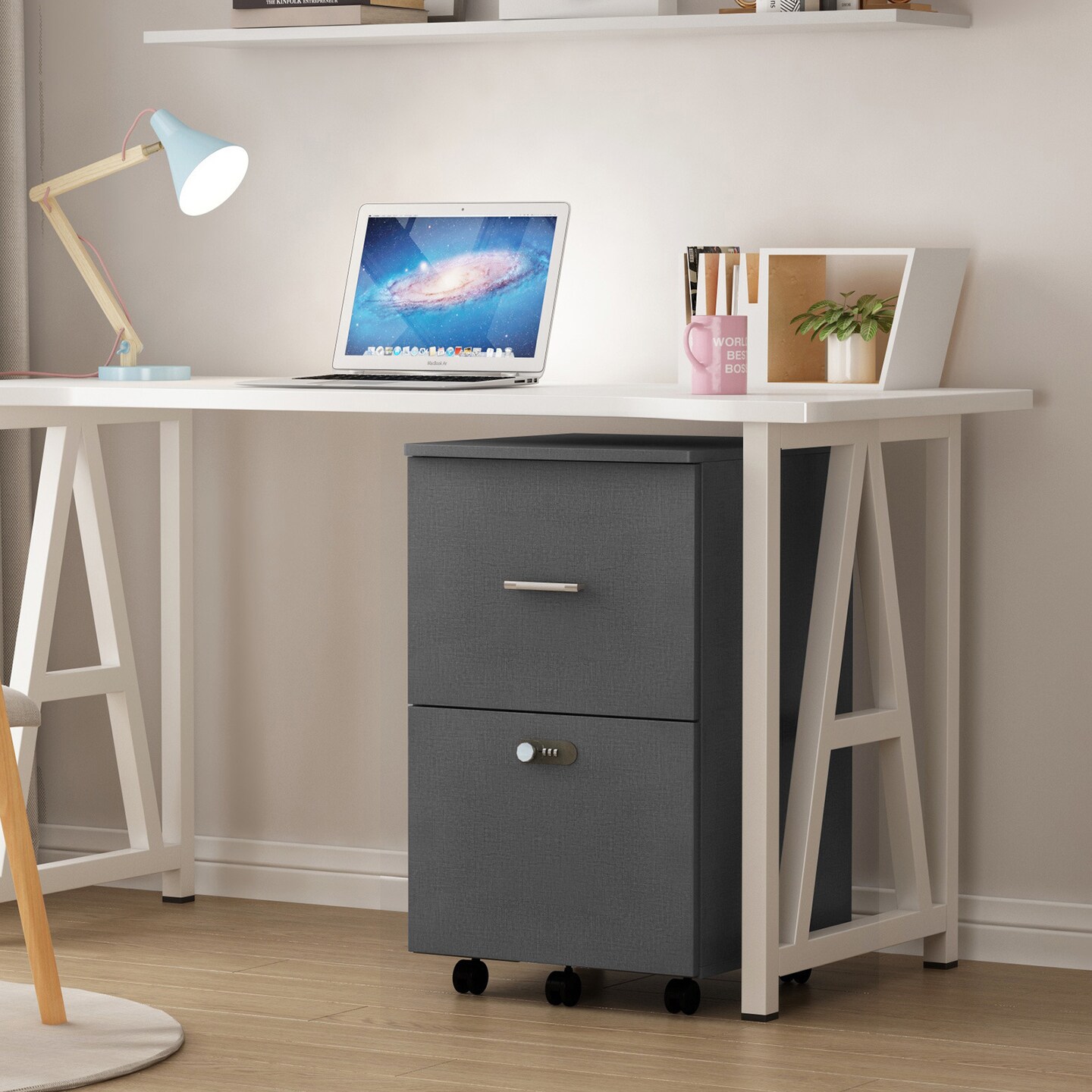 Pulley and Movable File cabinet with two drawers and lock for Hanging File Folders A4 or Letter Size | Small Rolling Printer Stand office storage cabinet