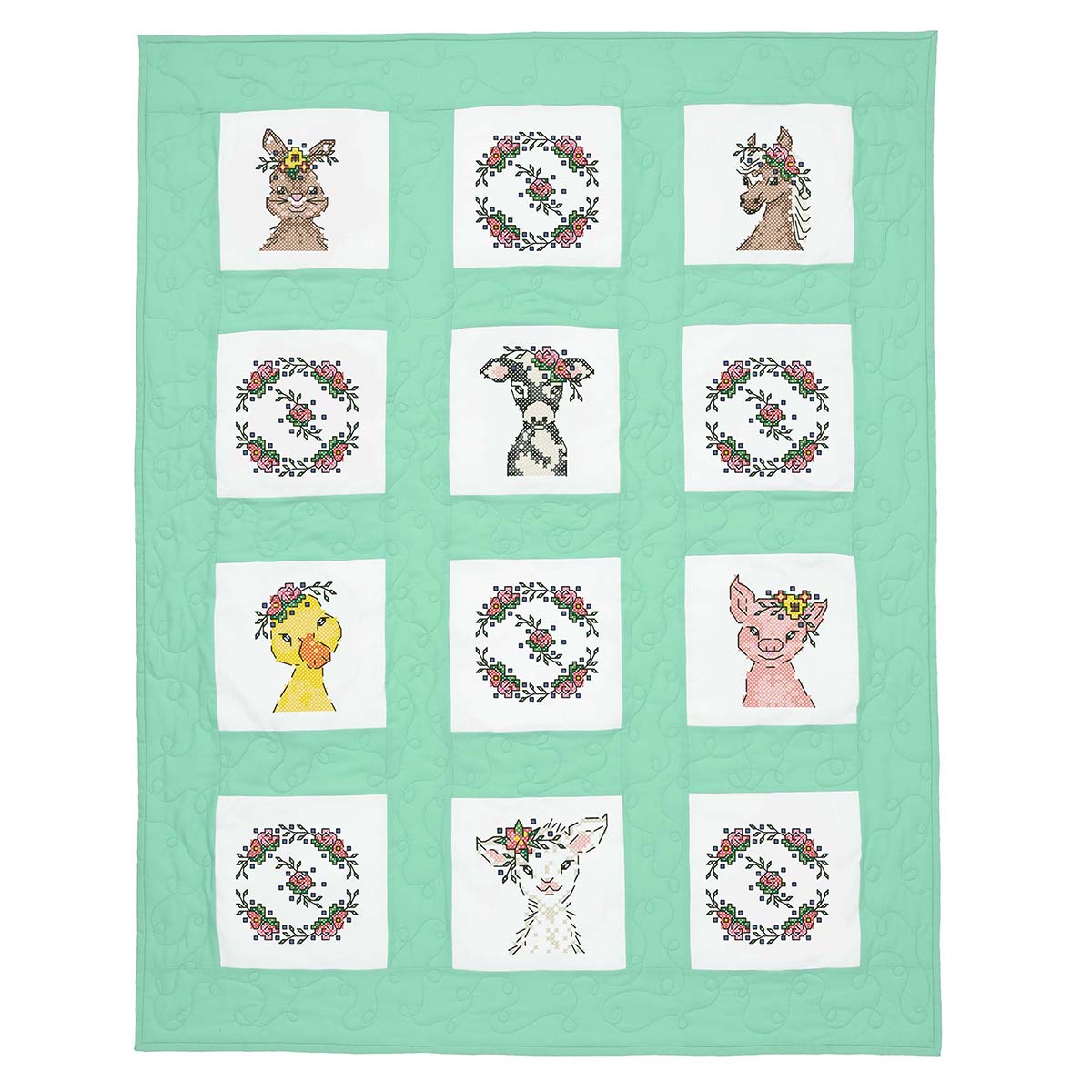 Herrschners  Flower Farm Animals Kid&#x27;s Quilt Blocks Stamped Cross-Stitch