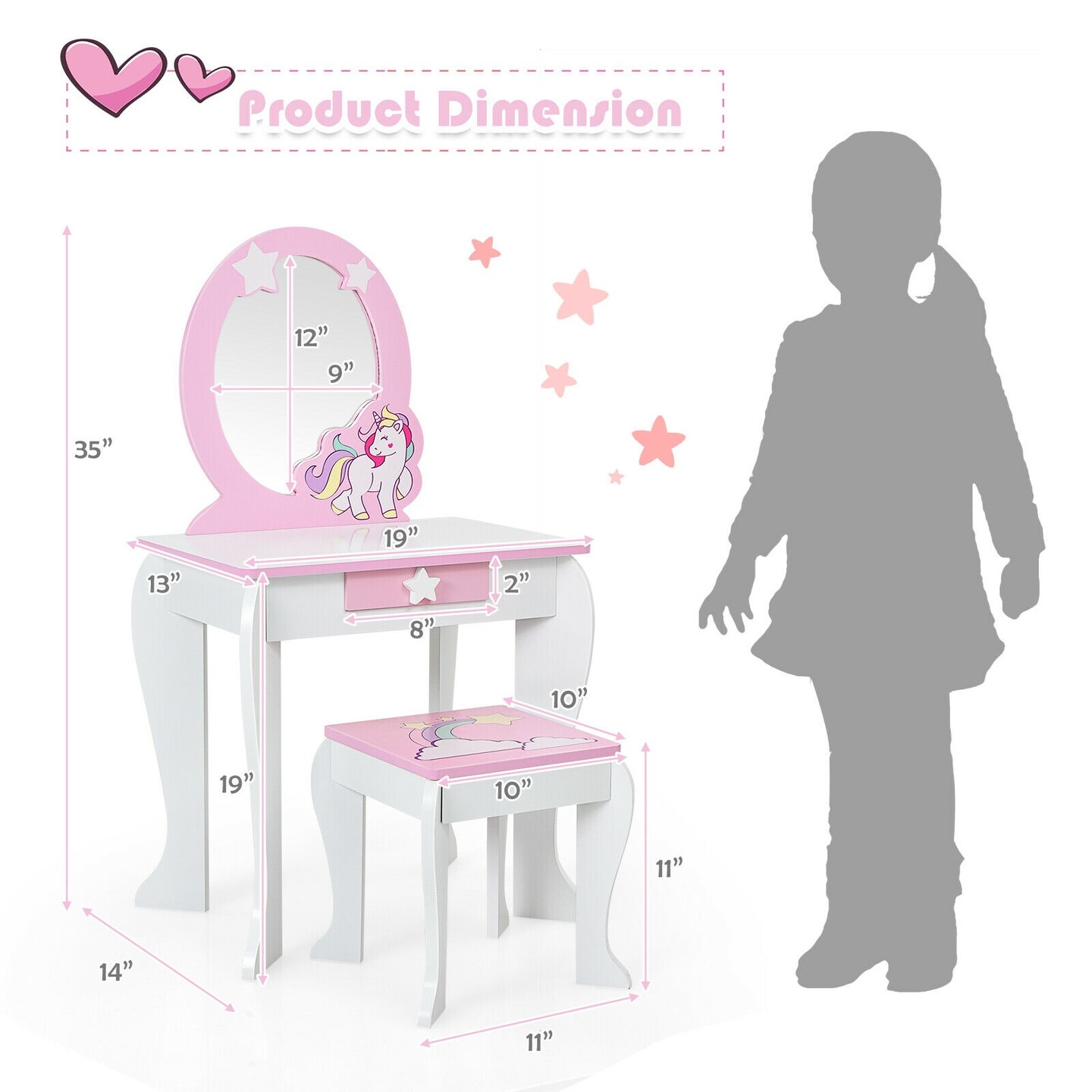 Kids Wooden Makeup Dressing Table and Chair Set with Mirror and Drawer