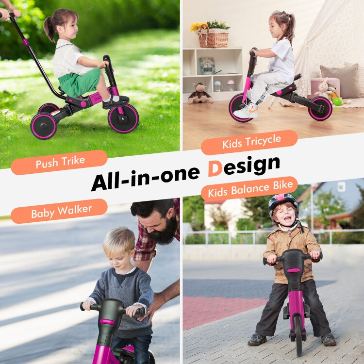4-in-1 Kids Tricycle with Adjustable Parent Push Handle and Detachable Pedals