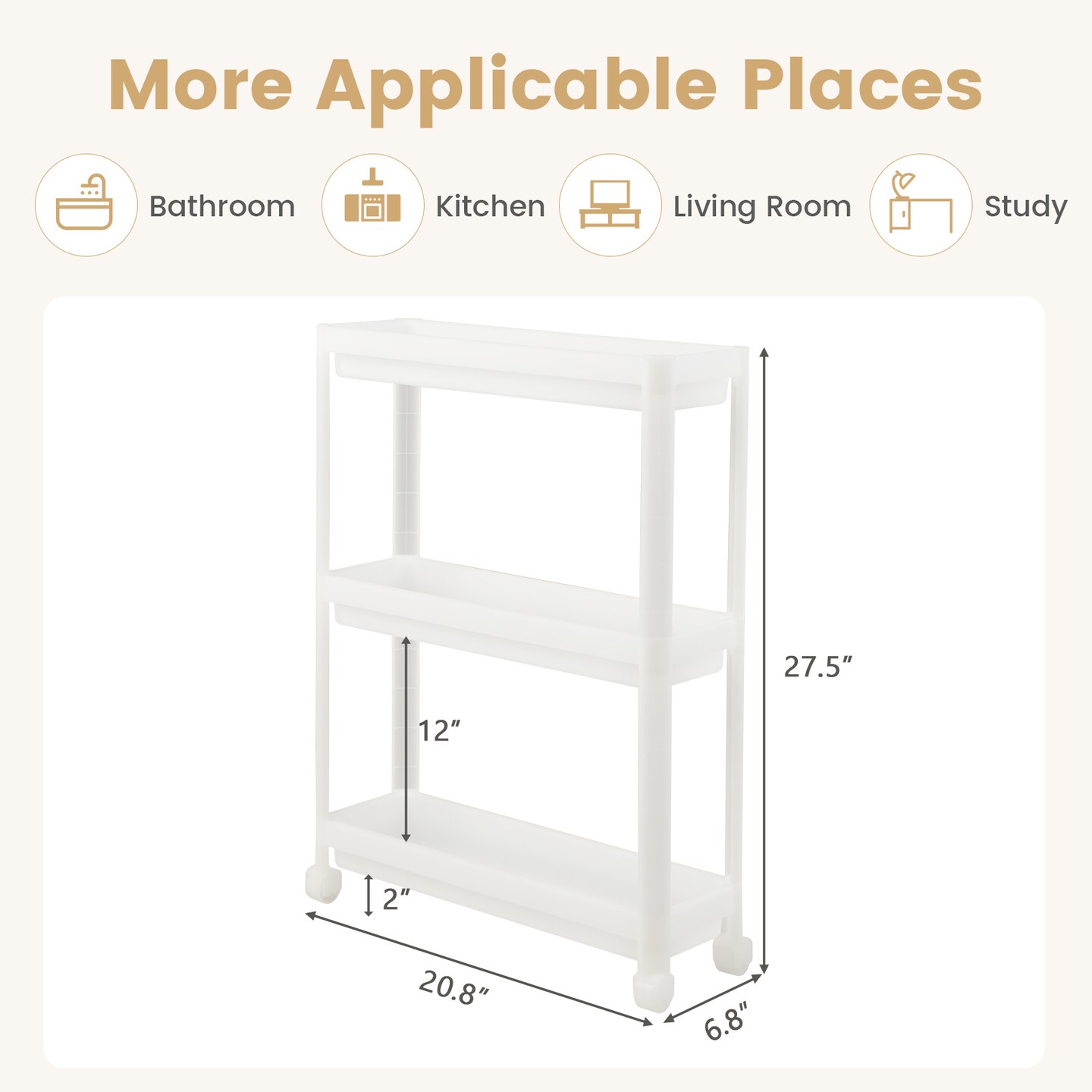 2 Pieces 3-Tier Slim Detachable Storage Cart with Drainage Holes and Wheels-White