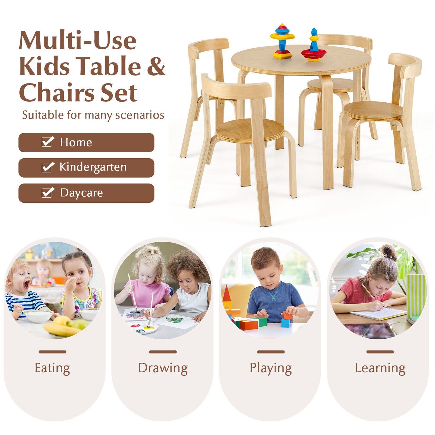 5-Piece Kids Wooden Curved Back Activity Table and Chair Set with Perfect Gift for Kids