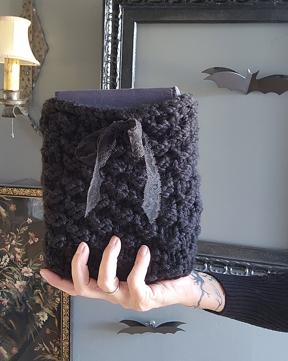 Shadow Hand Knit Book Pouch or Cover in Chunky Black Yarn