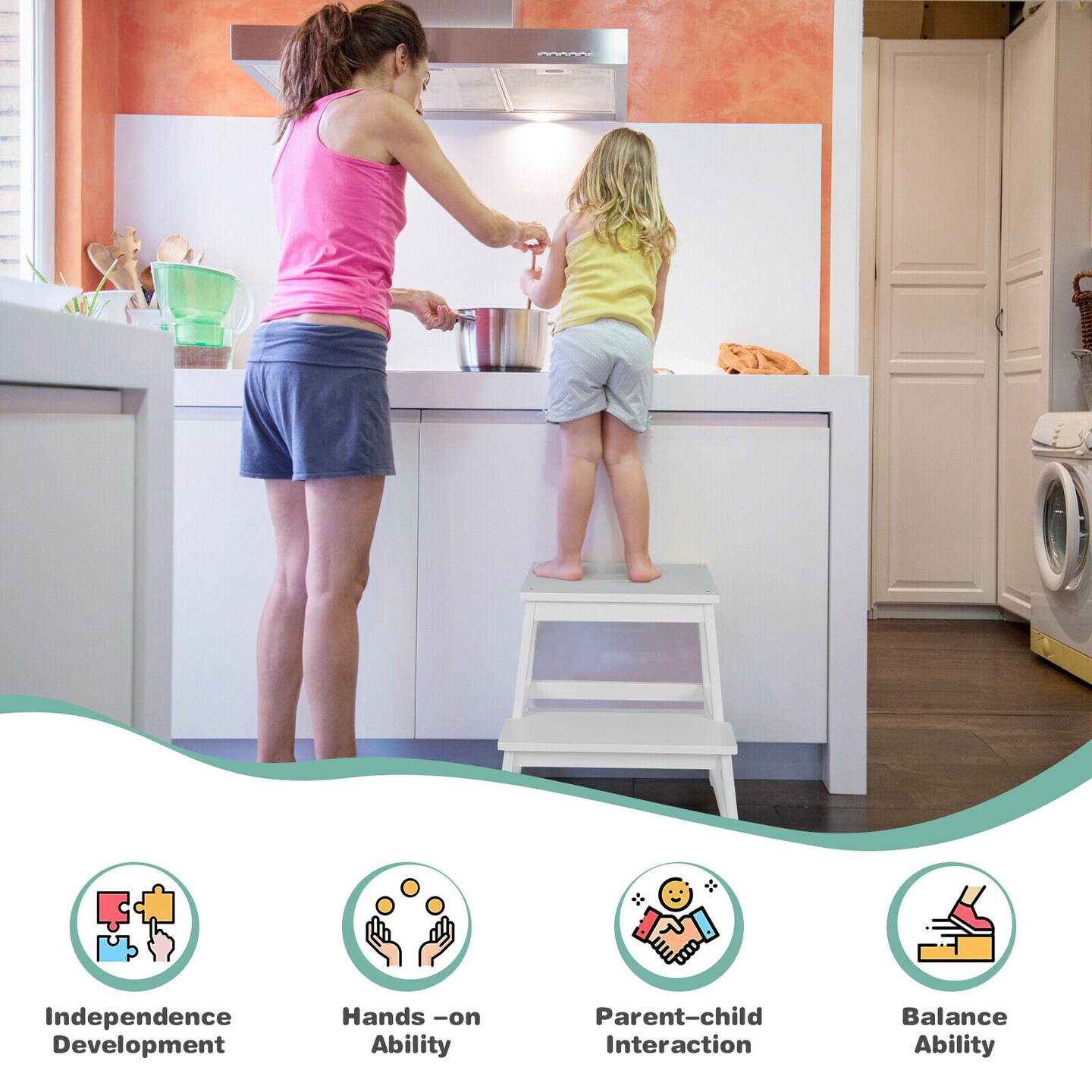 2-in-1 Multifunctional Wooden Kids Step Stool with Safety Guardrail and Wide Platform