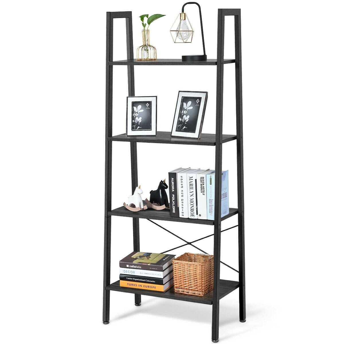 4-Tier Wood Ladder Shelf Display Rack with Metal Frame