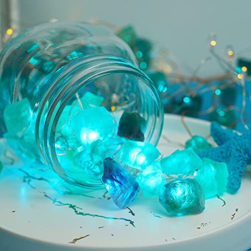 Natural Fluorite String Lights Battery Operated with Remote Sea Glass Raw Stones Decorative Lights 6.5ft 20 LEDs String Lights for Bedroom Party Indoor Christmas Wedding Decor