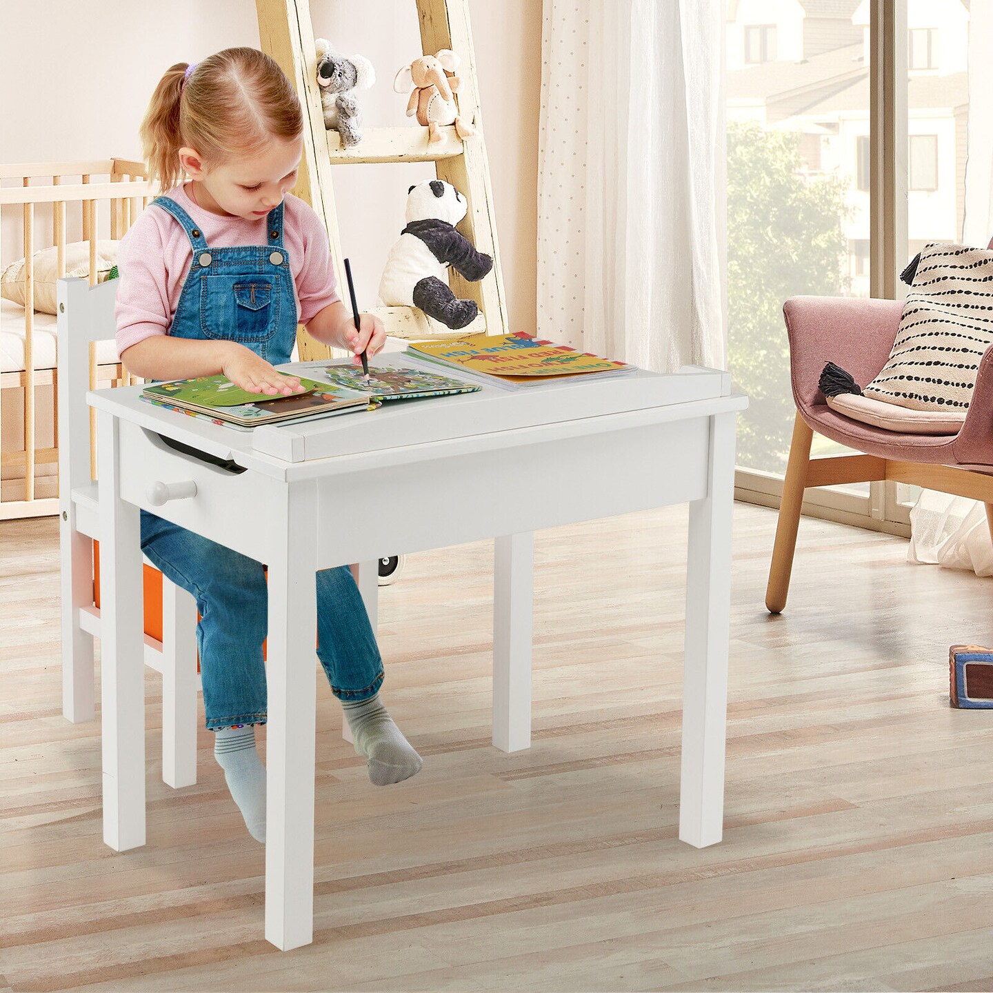 Wood Activity Kids Table and Chair Set with Flip Top Design and Pull-out Drawer