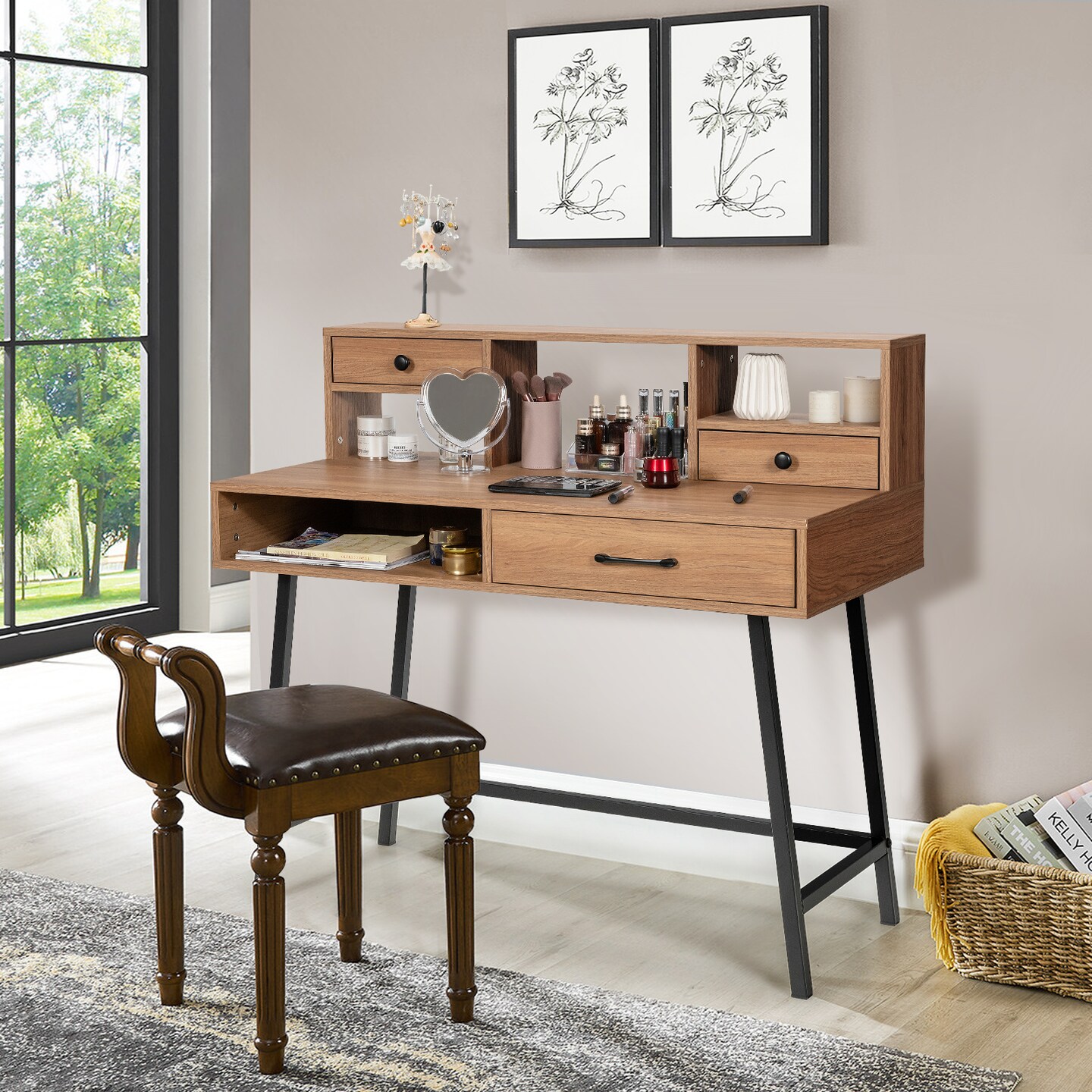 42-Inch Vanity Desk with Tabletop Shelf and 2 Drawers-Natural