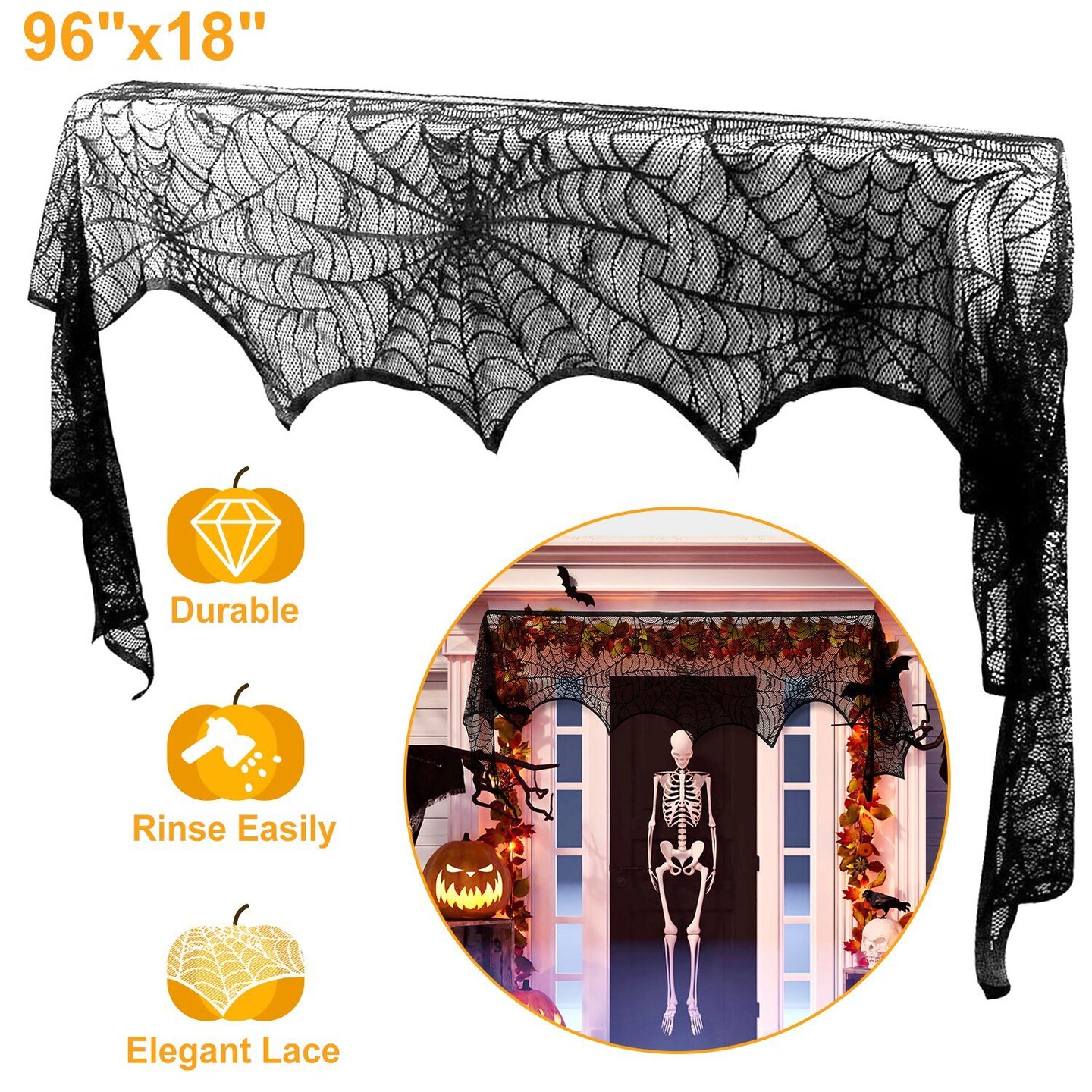 Halloween Decoration Black Lace Spiderweb Fireplace Mantle Scarf Cover