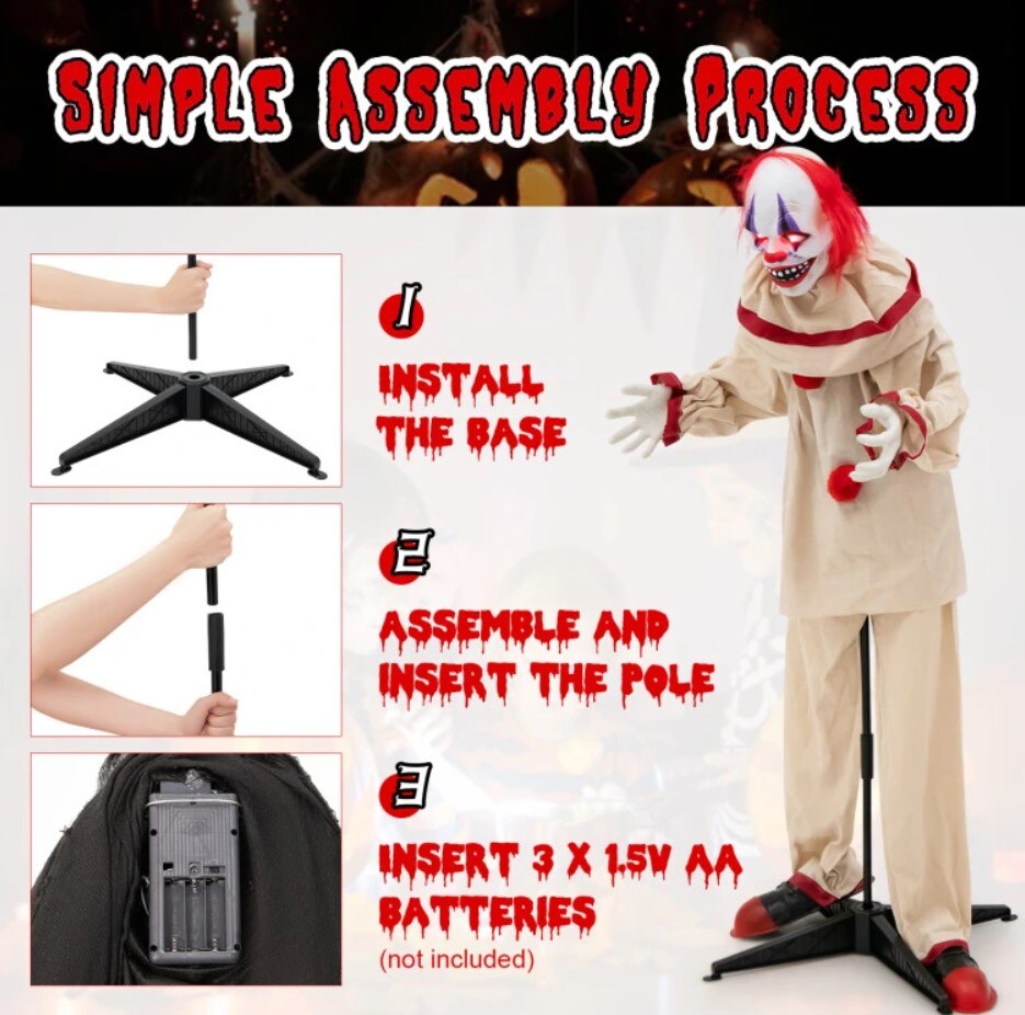 Halloween Prop Decoration - 5FT Grins Animatronic Killer Clown with Glowing Red Eyes