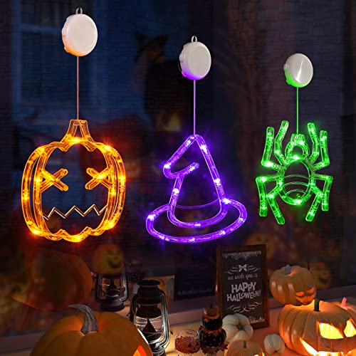 LOLStar Halloween Decorations 3 Pack Orange Pumpkin Green Spider Purple Witch Hat Halloween Window Lights with Suction Cup Battery Operated Halloween Lights, 2023 Upgrade Slow Fade Mode Timer Function
