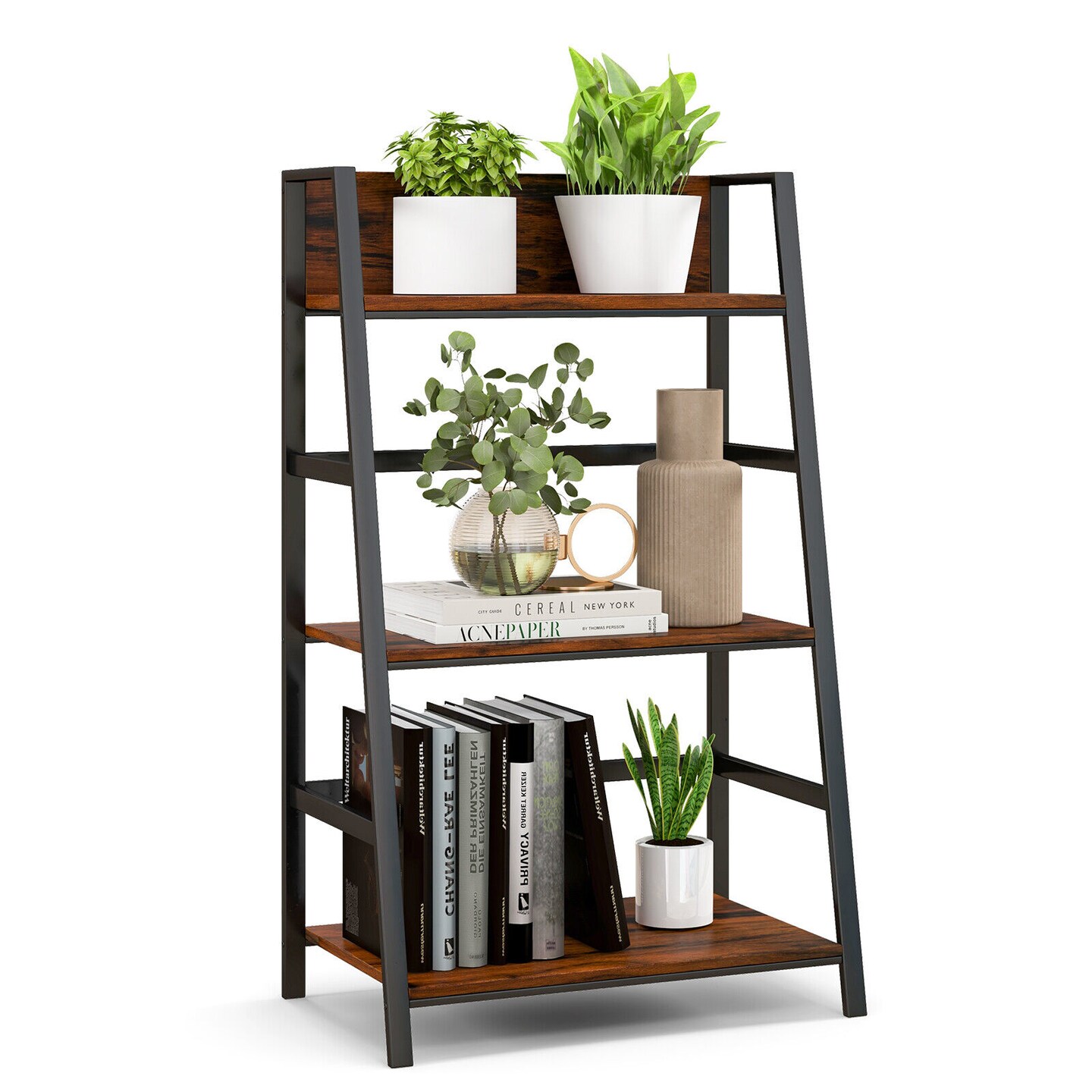 Ladder Shelf 3 Tier Open Storage for Living Room Rustic Brown Black