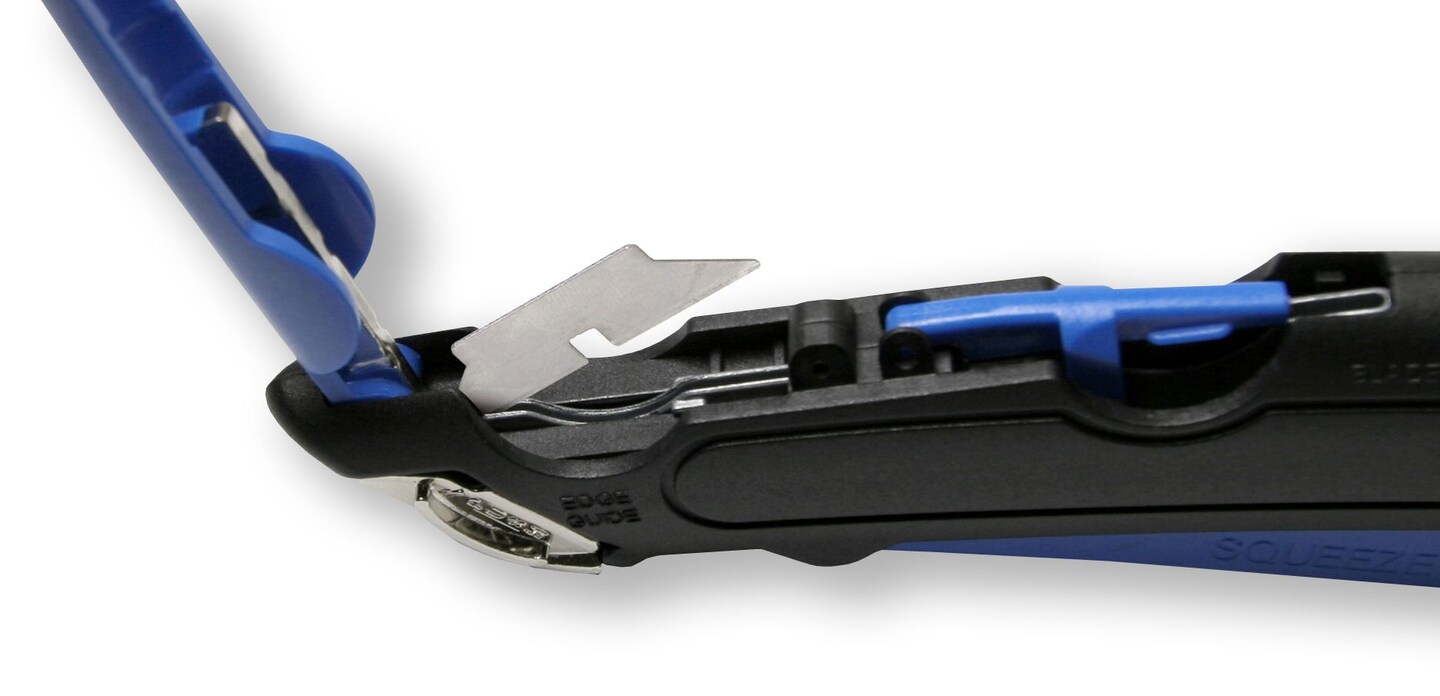 Garvey Box Cutter Knife with Shielded Blade Storage Compartment, Self-Retracting Cutter with Belt Holster for Boxes, Carboard, Cartons and Plastics, Black and Blue (091524)