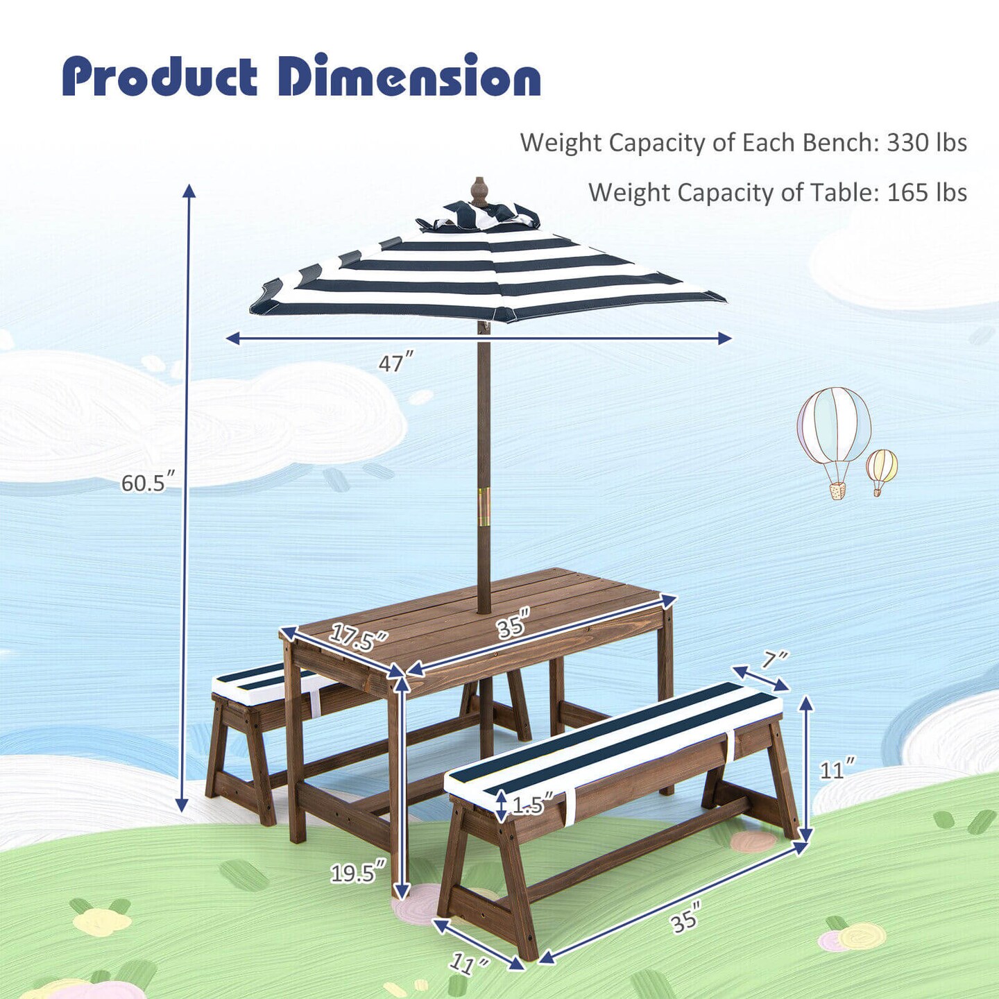 Kids Picnic Table and Bench Set with Cushions and Height Adjustable Umbrella
