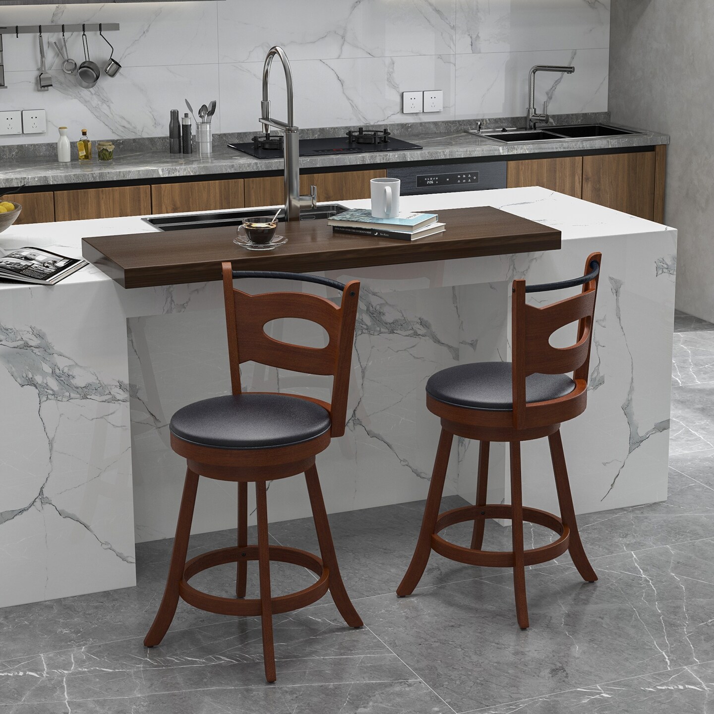Brown Black Rubber Wood Swivel Bar Stools Cut-Out Back