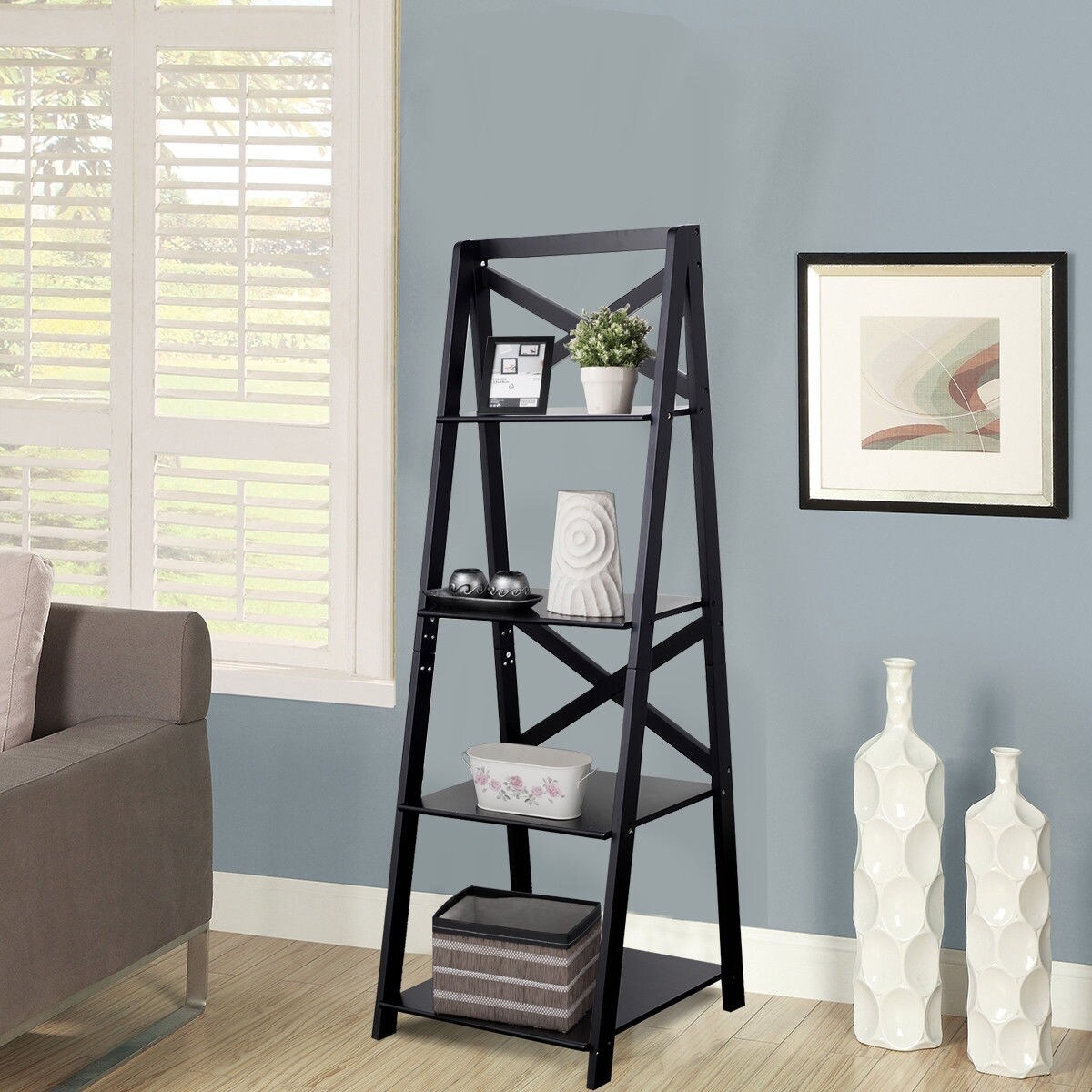 MDF 4-Tier Free Standing Ladder Shelf Bookcase with Space-Saving Design