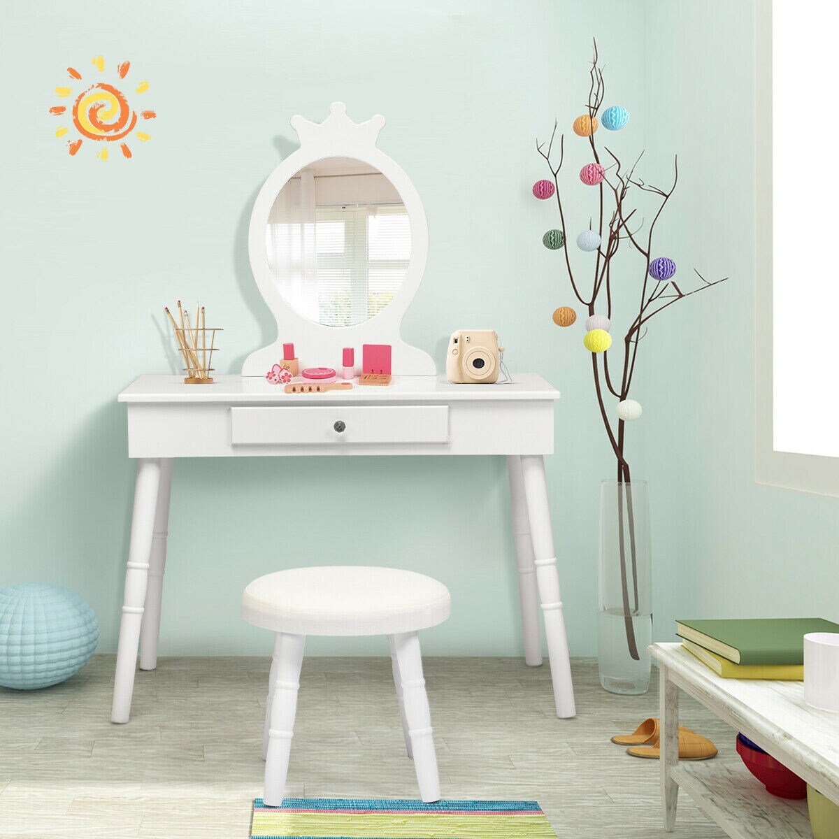 Kids Vanity Makeup Table and Chair Set Make Up Stool