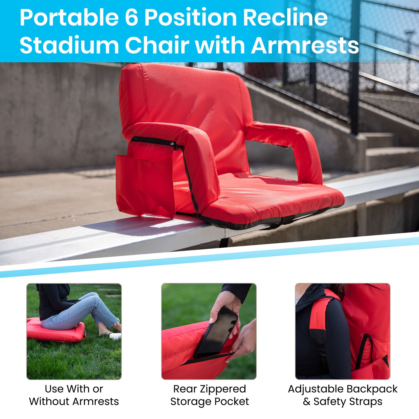 Emma and Oliver Extra Wide Portable Stadium Chair with Reclining Padded Back &#x26; Seat, Lightweight Metal Frame with Armrests &#x26; Backpack Straps