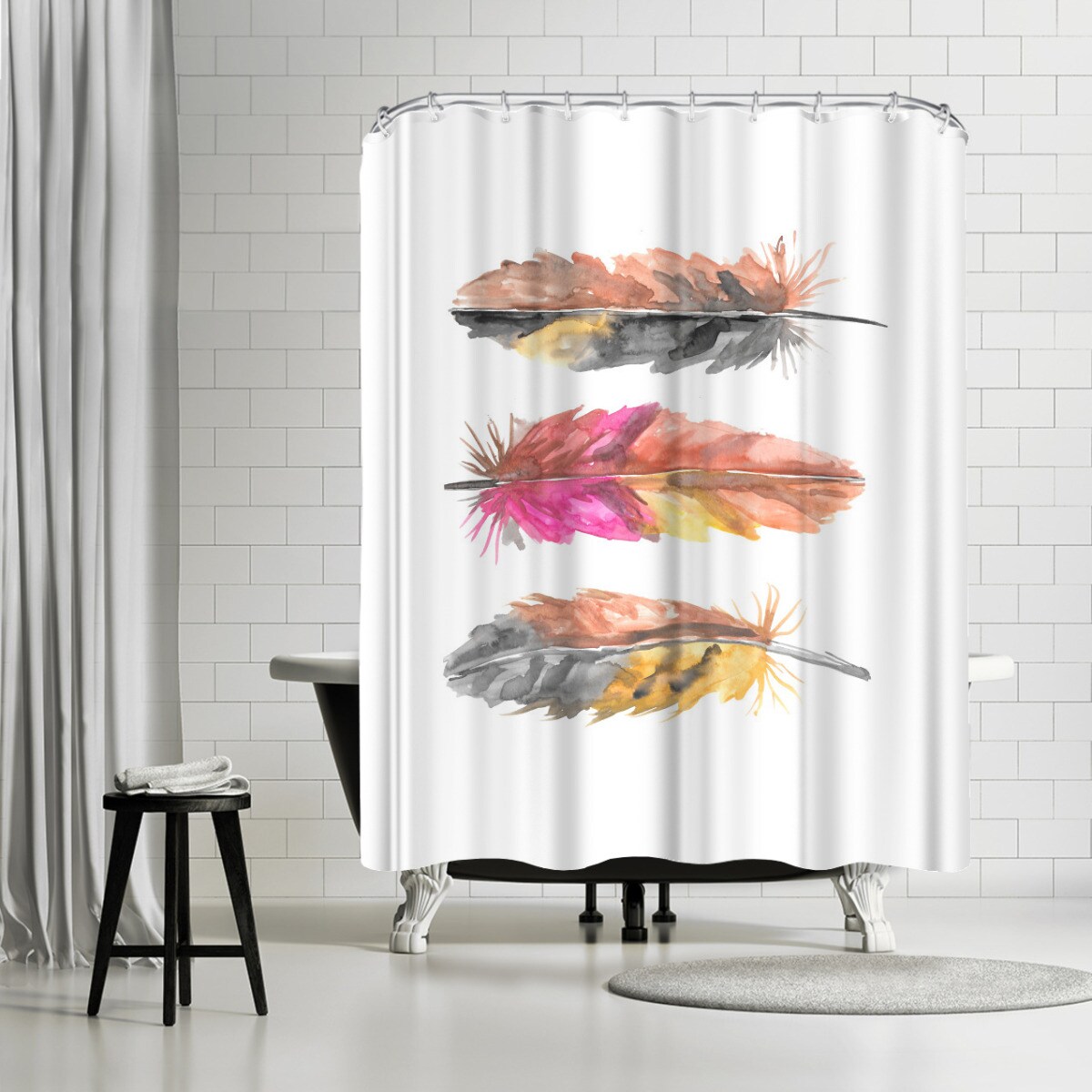 Feather Drawing Decor Shower Curtain + Hooks